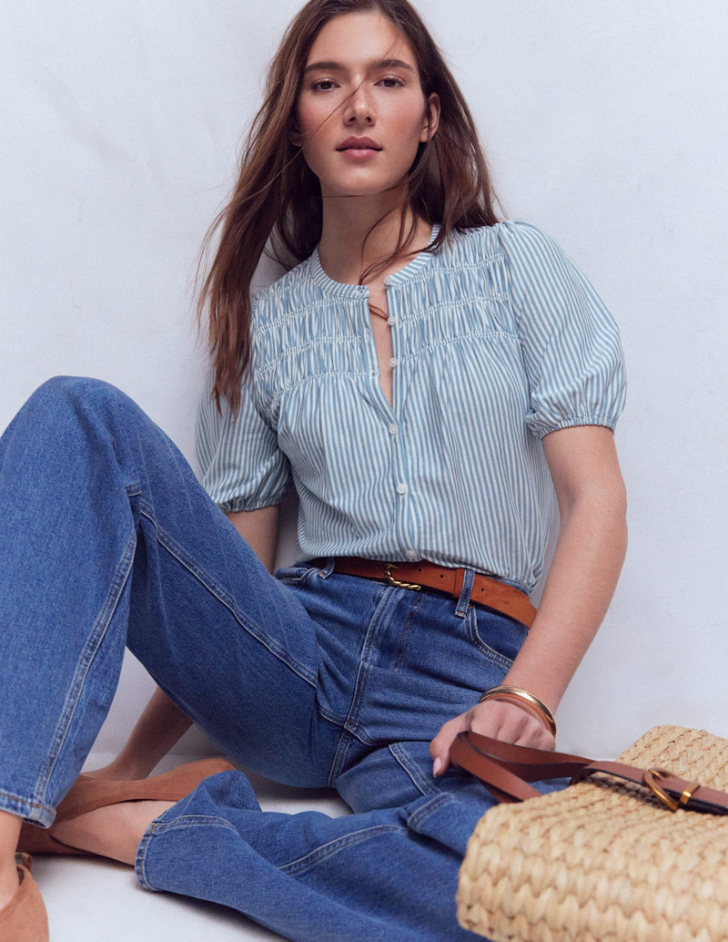 Mya Short Sleeve Smocked Shirt-French Blue and Ivory Stripe 2