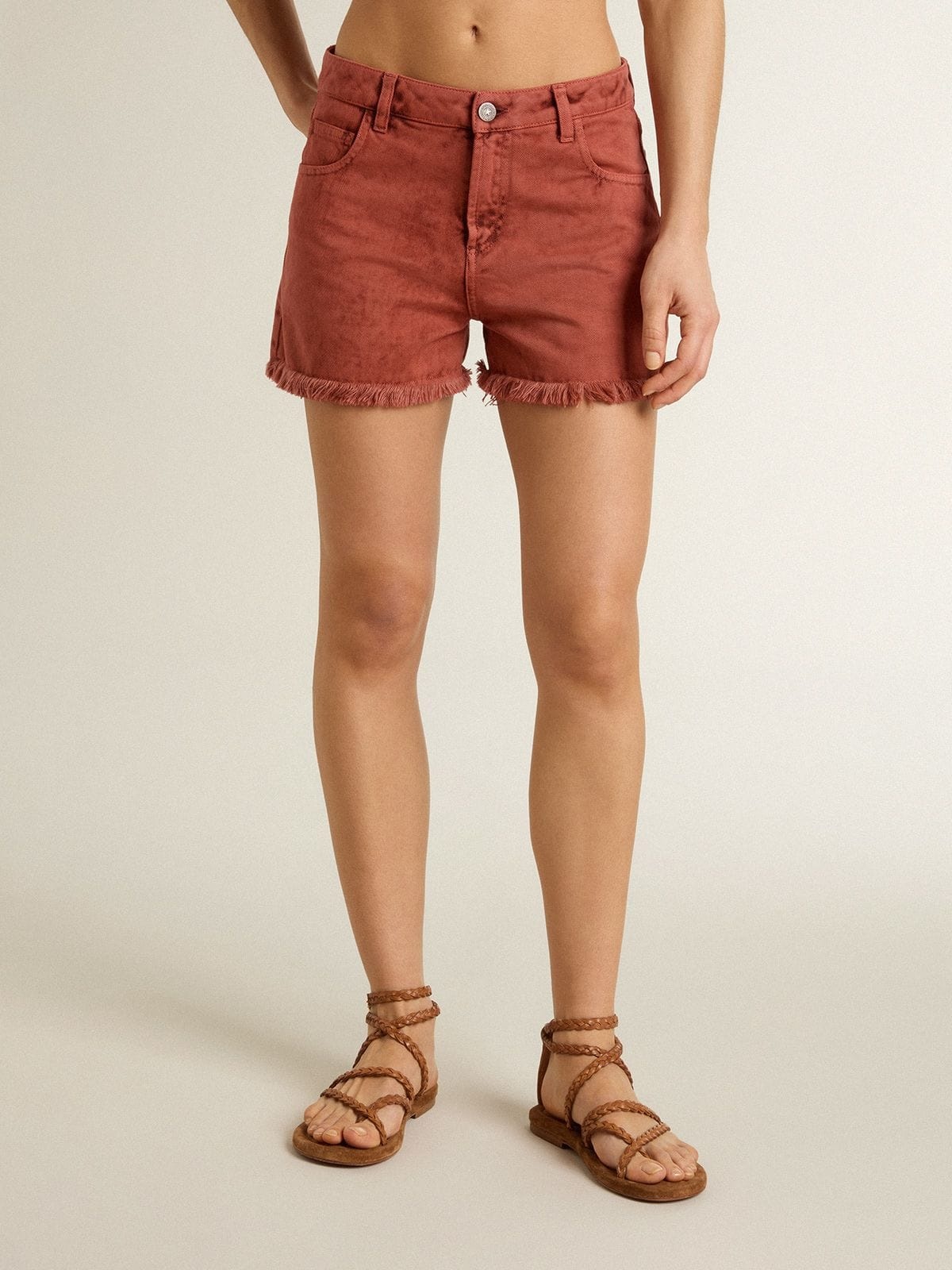 Women's shorts in brick-red denim with Golden Mediterraneo embroidery - 2