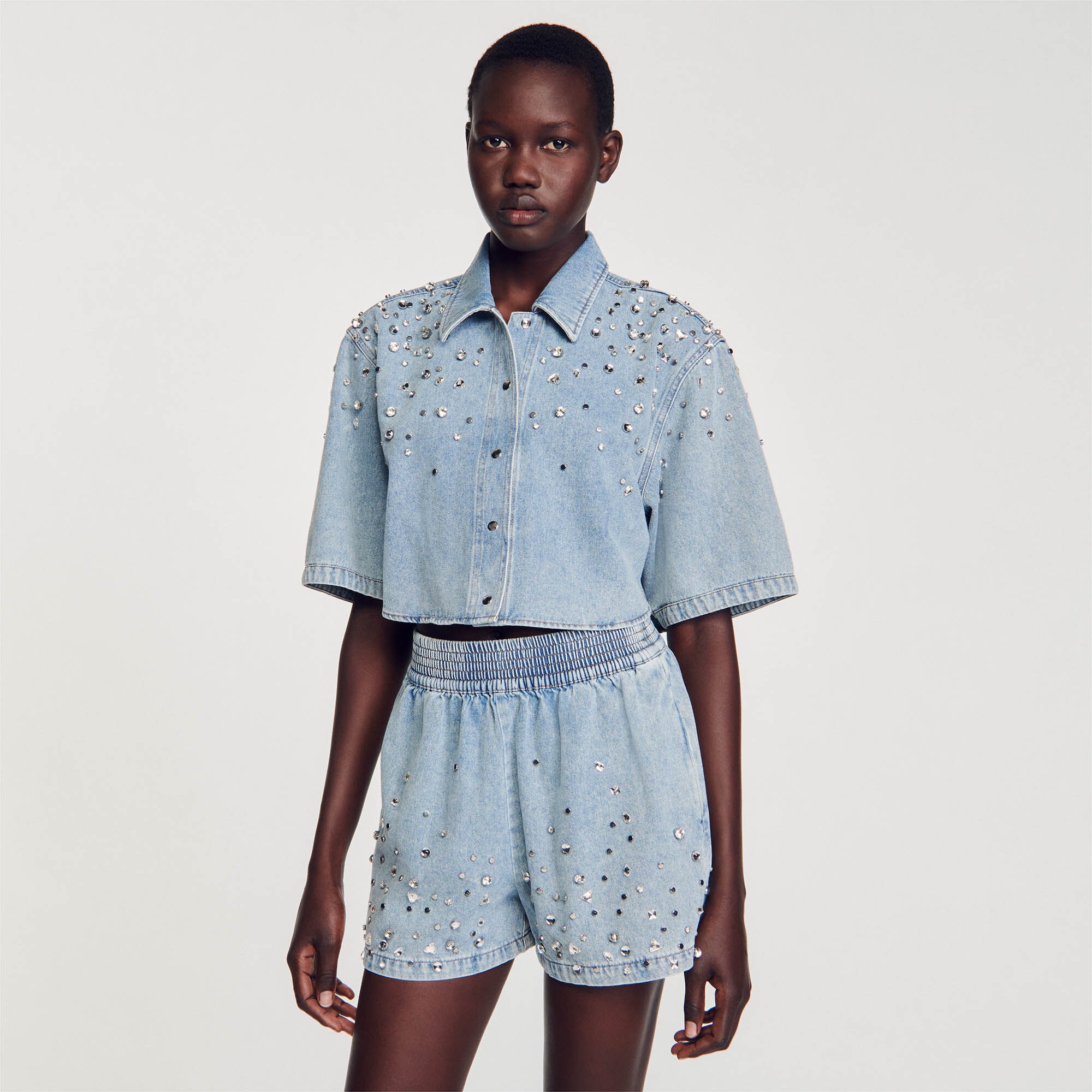 WIDE-LEG RHINESTONE DENIM SHORTS - 5