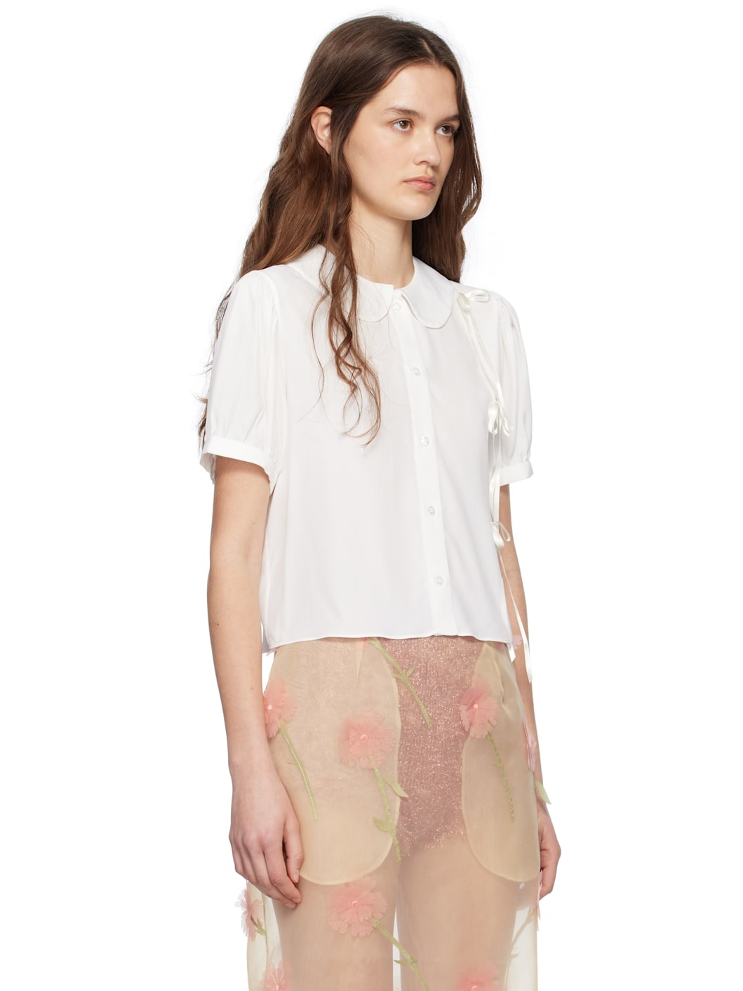White Cropped Bow Slit Puff Sleeve Shirt - 2
