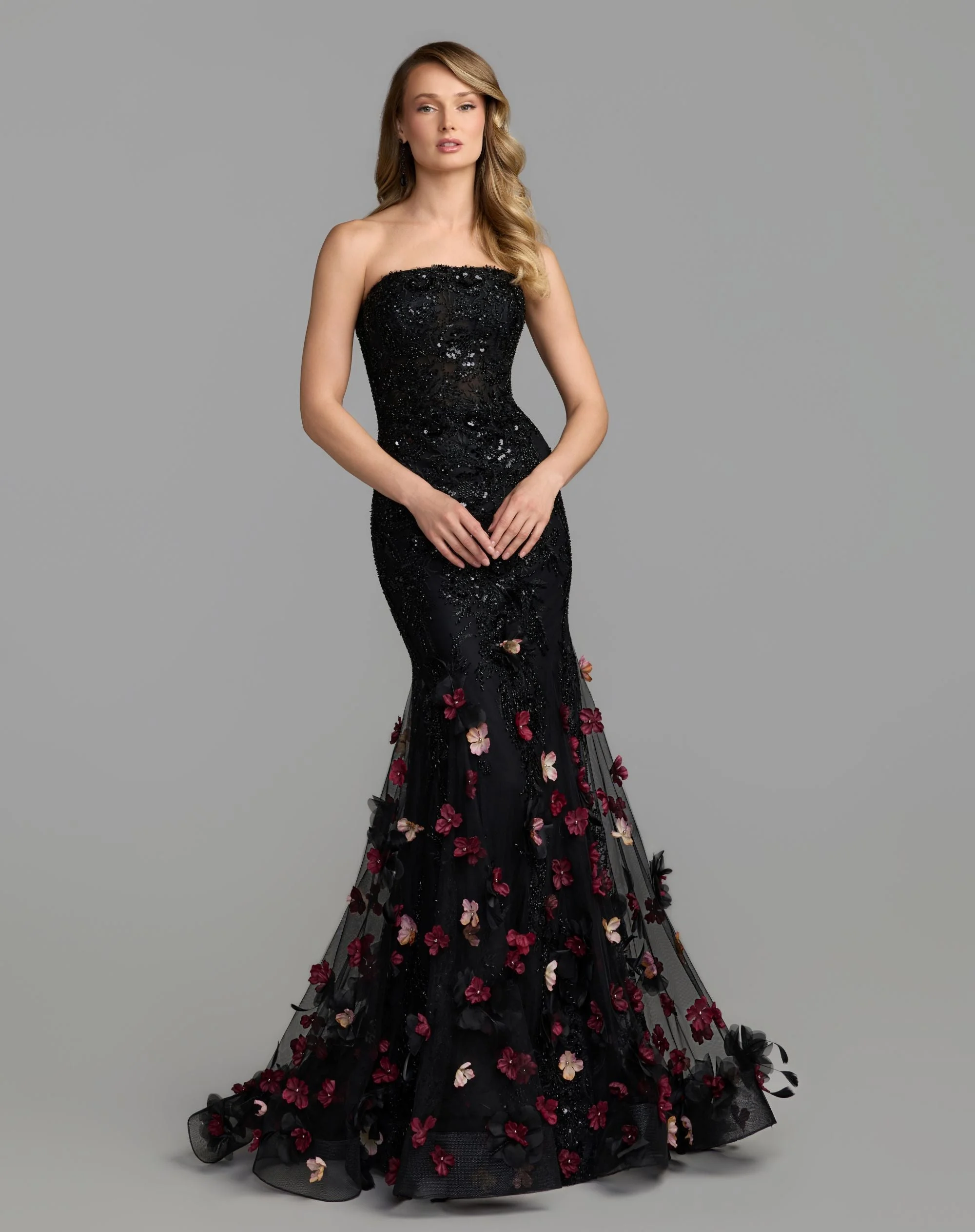 Black Multi Strapless Embellished Mermaid Gown With 3D Floral Hem - 1