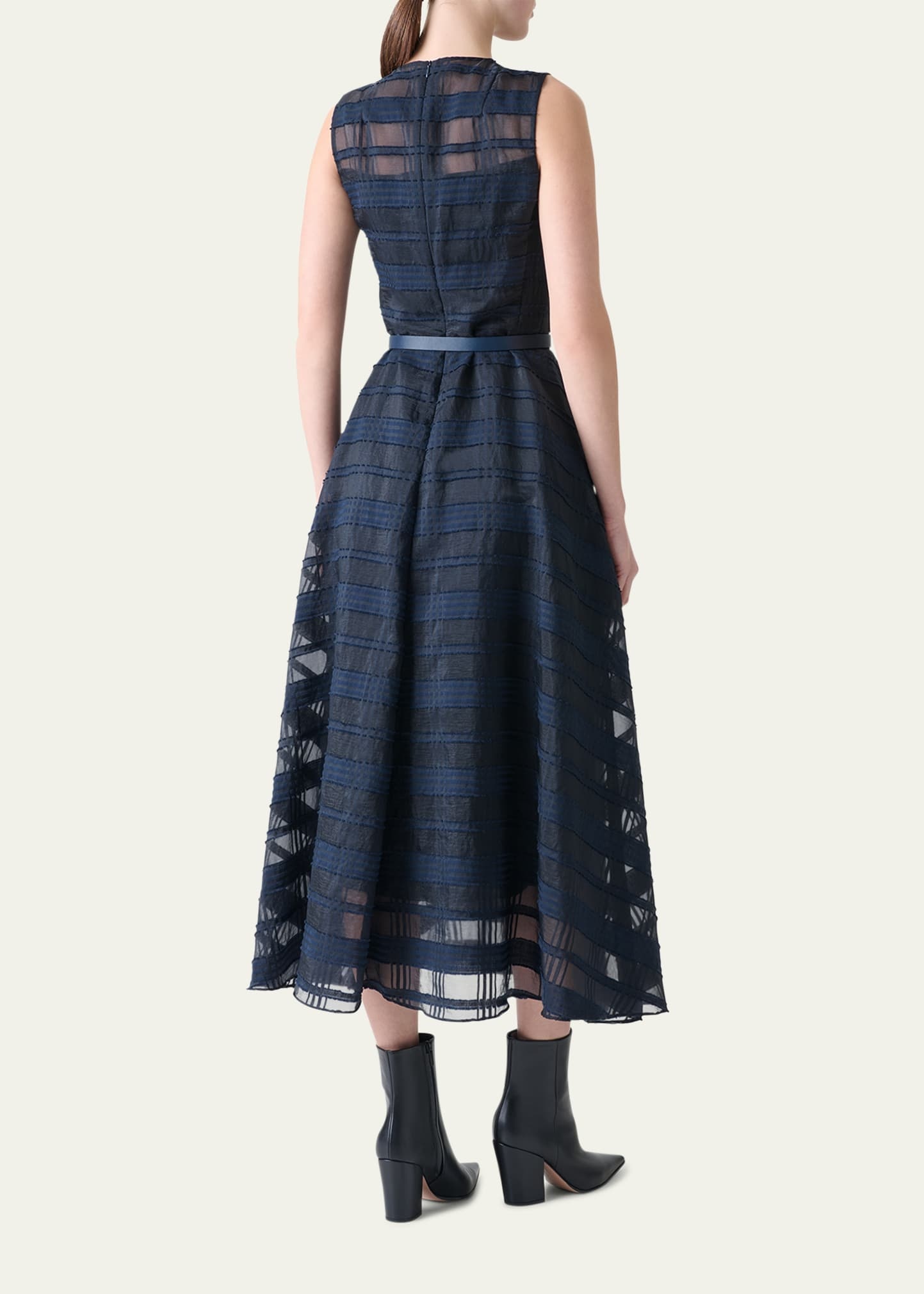 Organdy Plaid Sleeveless A-Line Midi Dress With Belt - 3