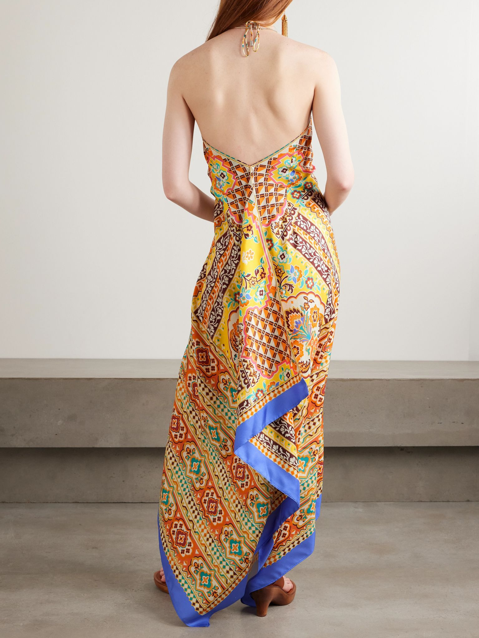 Asymmetric floral-print silk-twill halterneck dress Yellow - 3