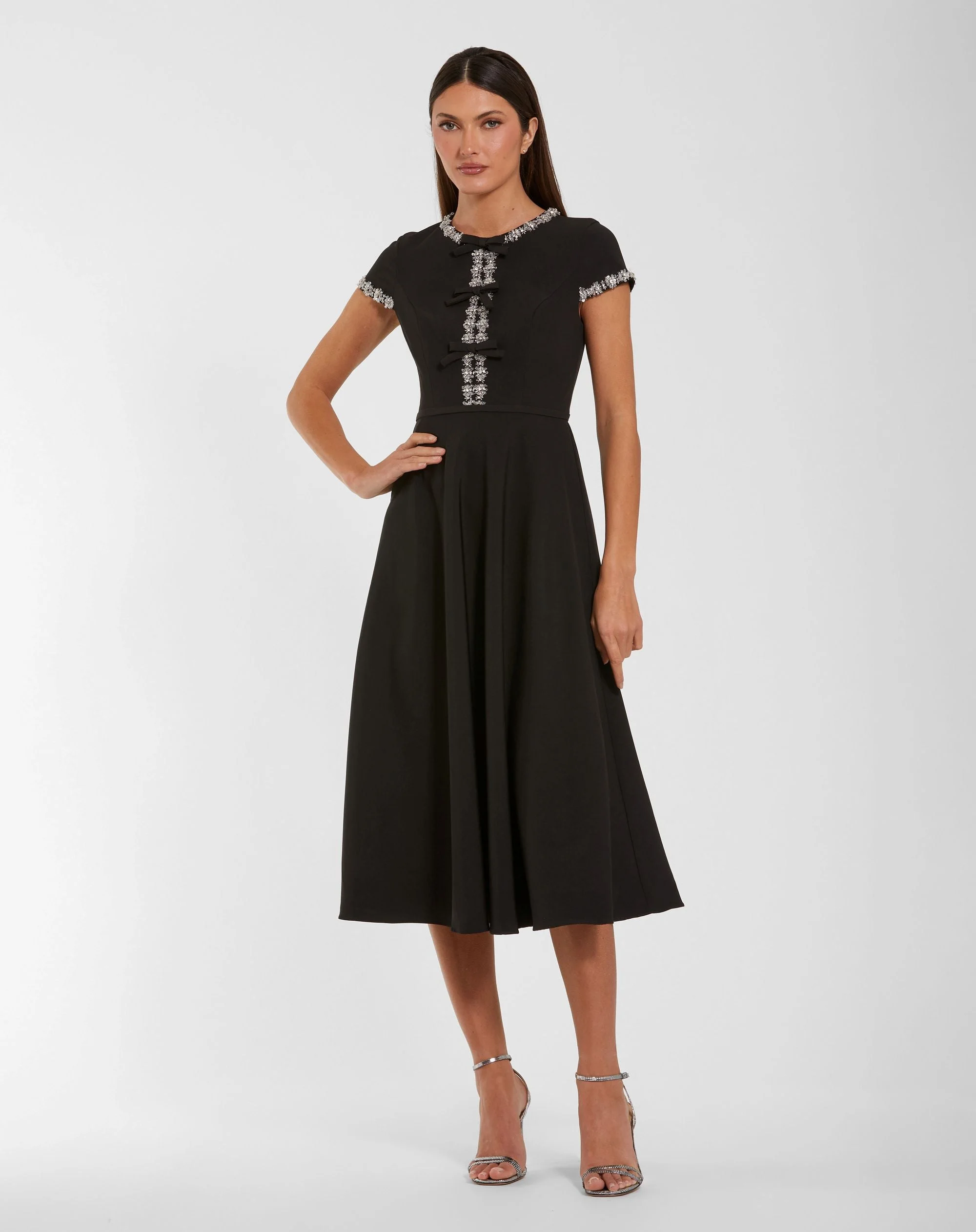 Black Embellished Crepe Cap Sleeve Midi Dress - 1