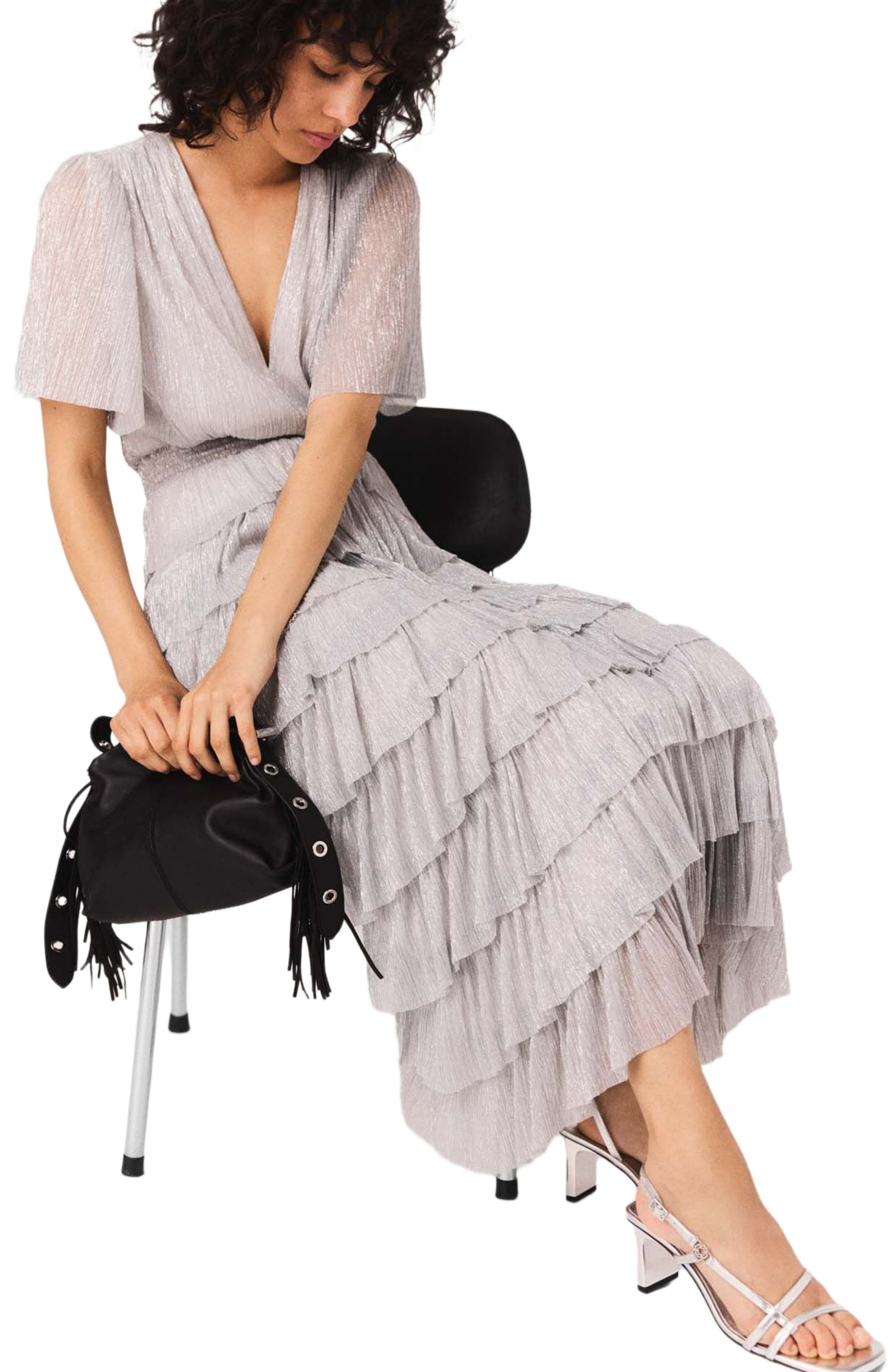 maje Metallic ruffled midi dress in Silver at Nordstrom - 4