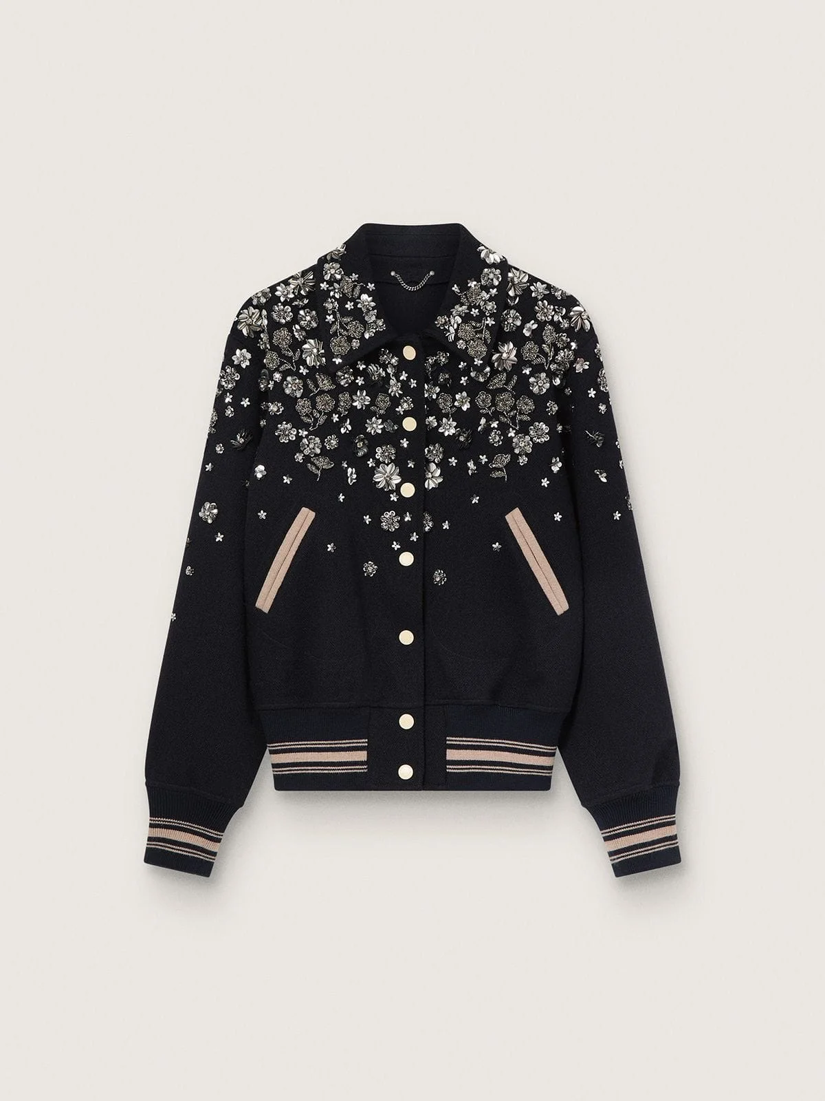 Women's bomber jacket in midnight-blue wool with embroidery - 1