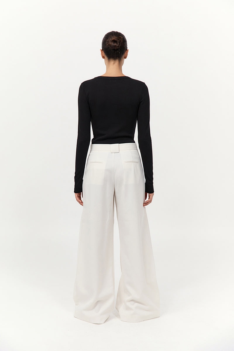 Twill Wide Leg Pleat Pants - Off White - 4