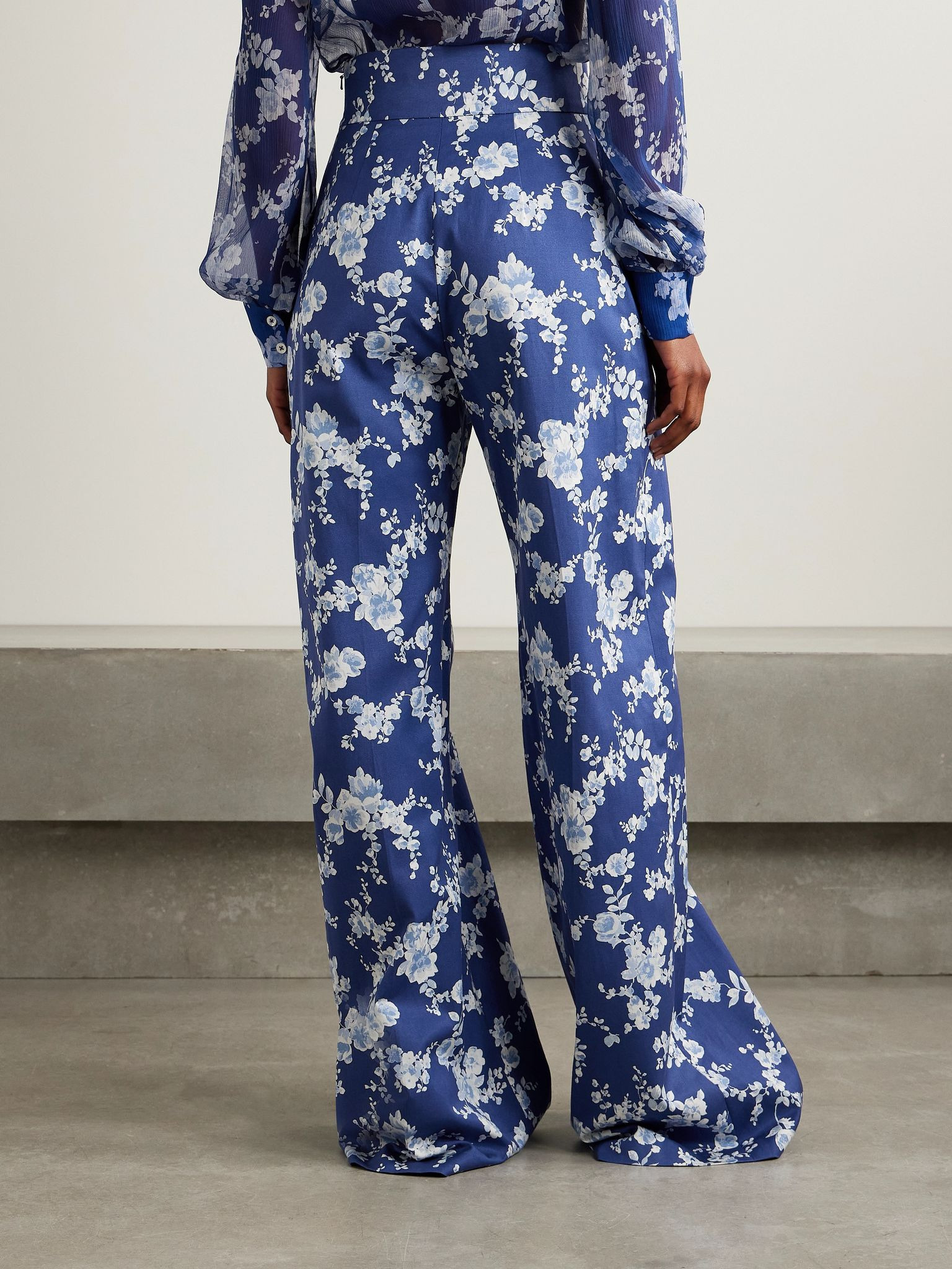 Floral-print twill wide-leg pants Bright blue - 4