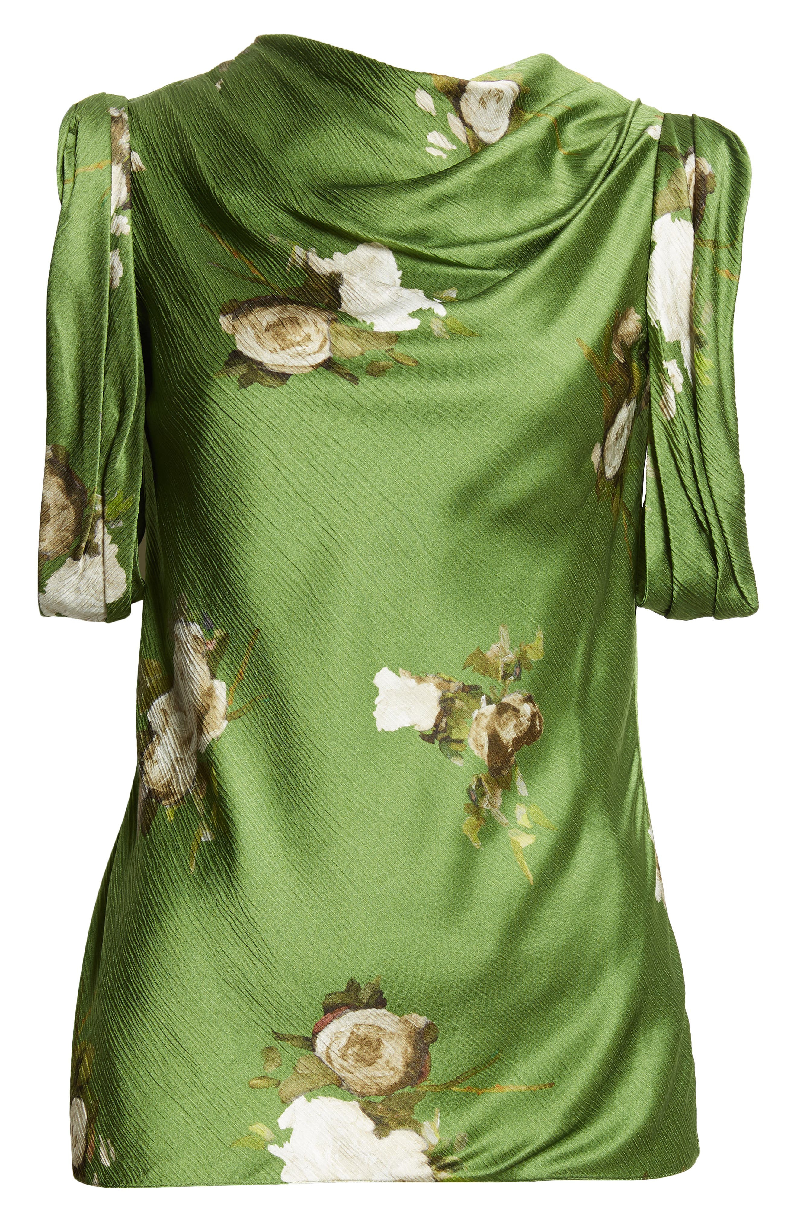 Erdem Painted Rose Print Crinkled Satin Top in Painted Rose Bouquet Olive at Nordstrom - 6