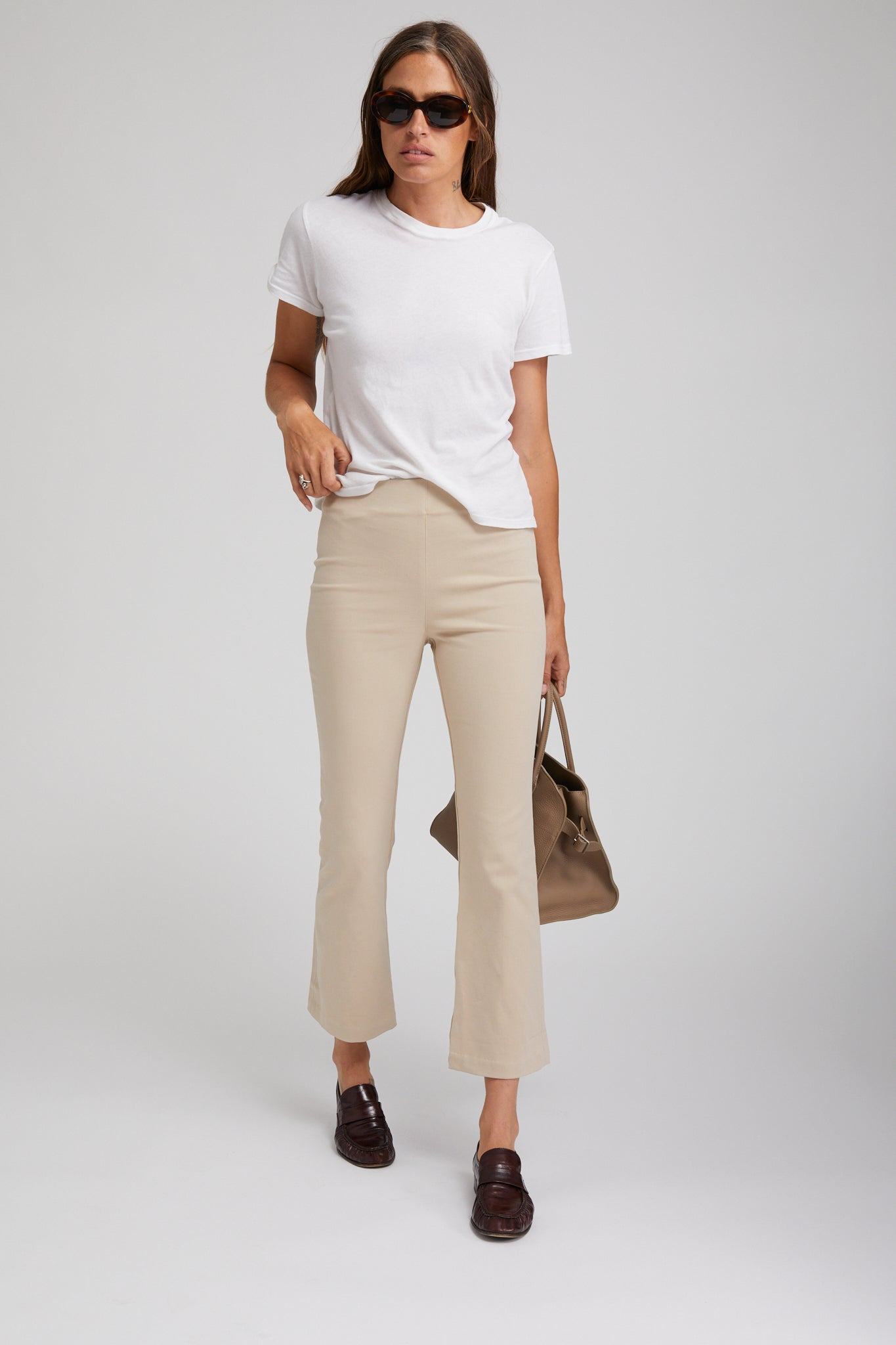 KHAKI TWILL CROP FLARE LEGGINGS - 2
