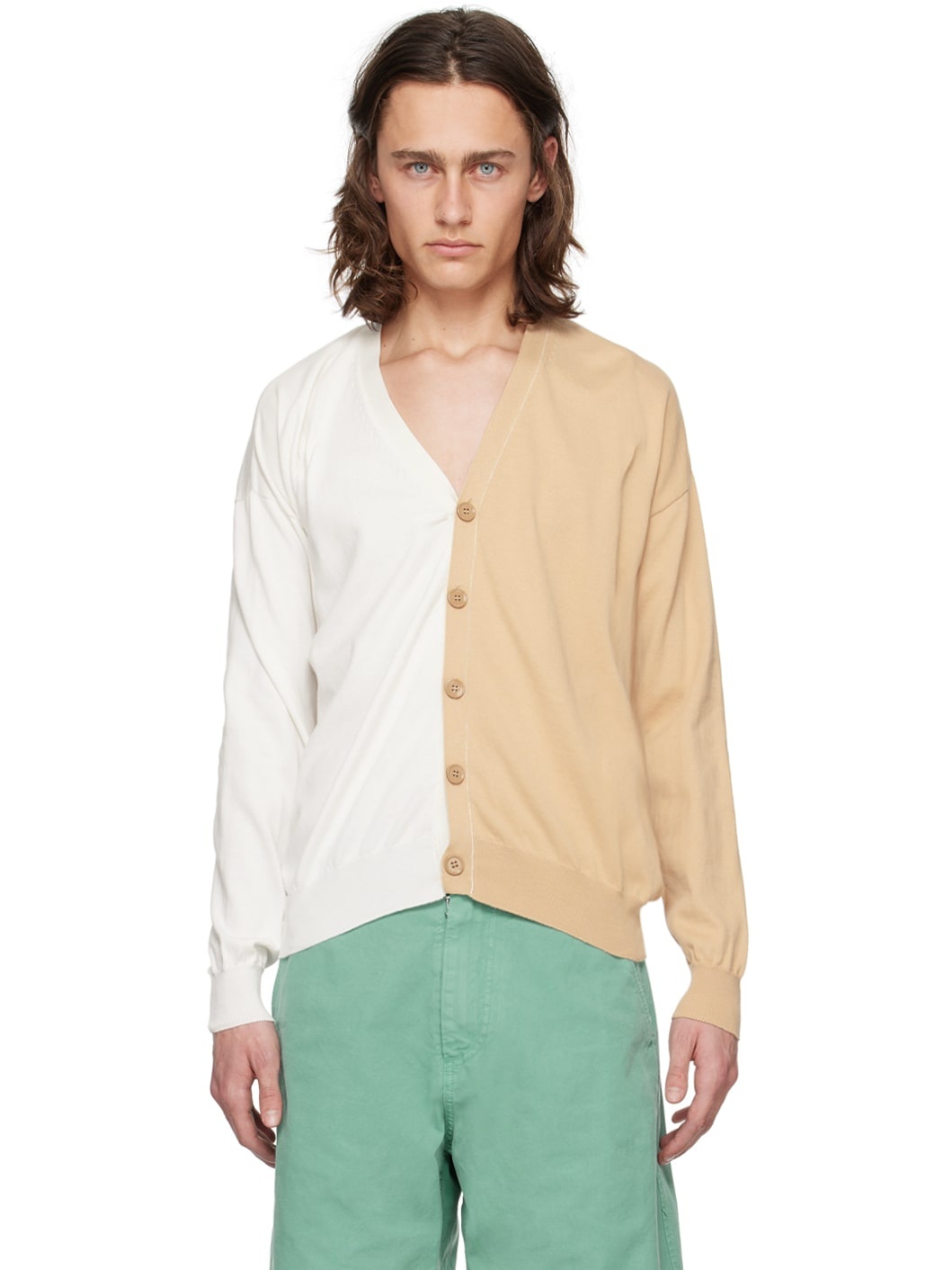Beige & Off-White Paneled Cardigan - 1