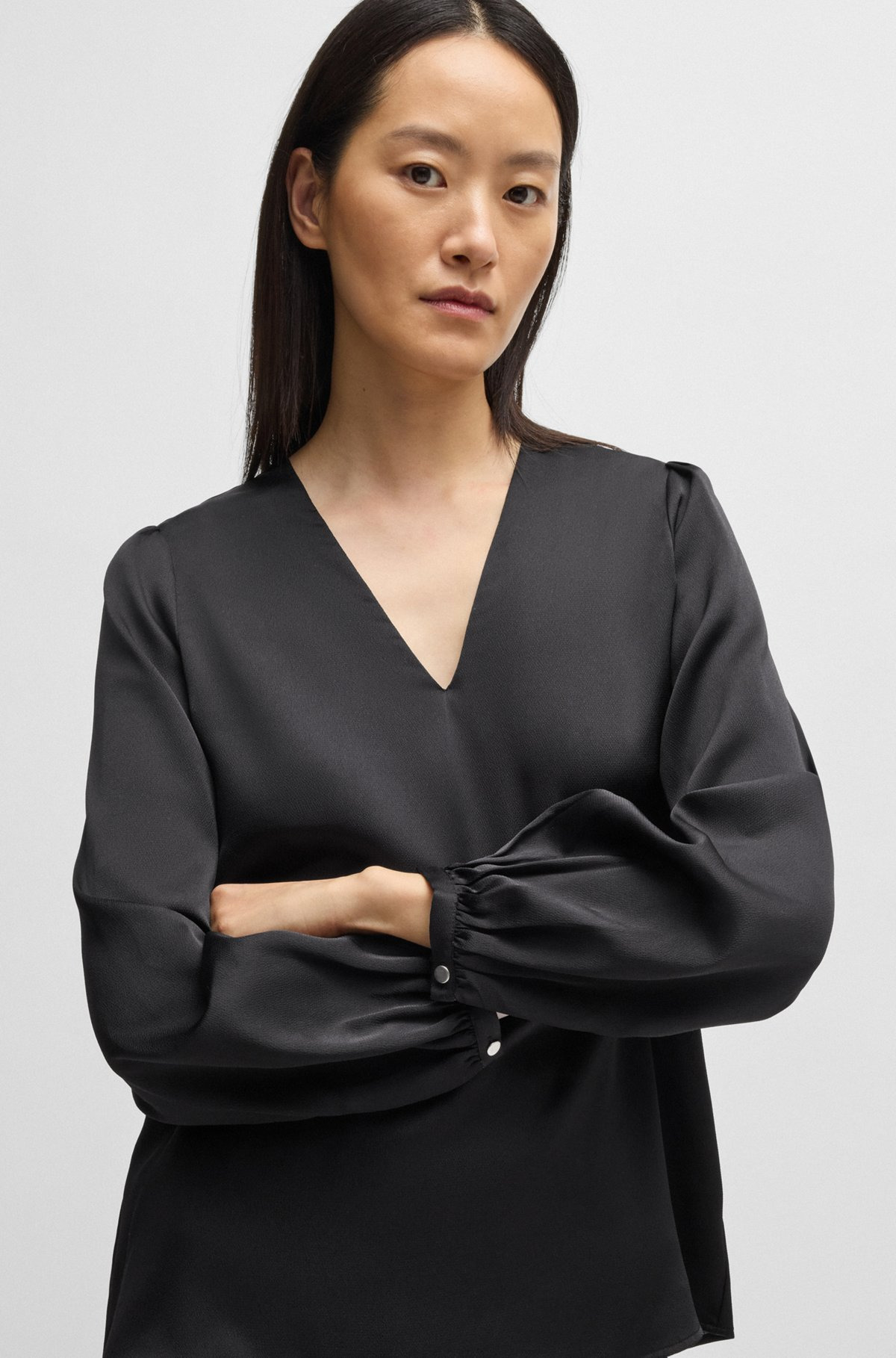 REGULAR-FIT BLOUSE WITH V NECKLINE IN HAMMERED SATIN - 6