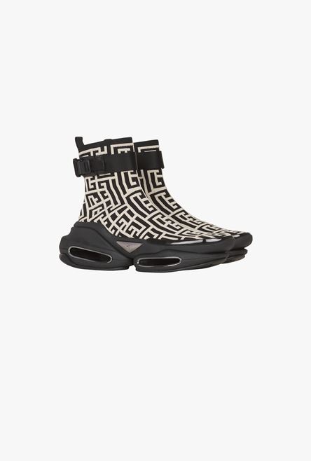 Bicolor ivory and black knit and suede B-Bold high-top sneakers - 6