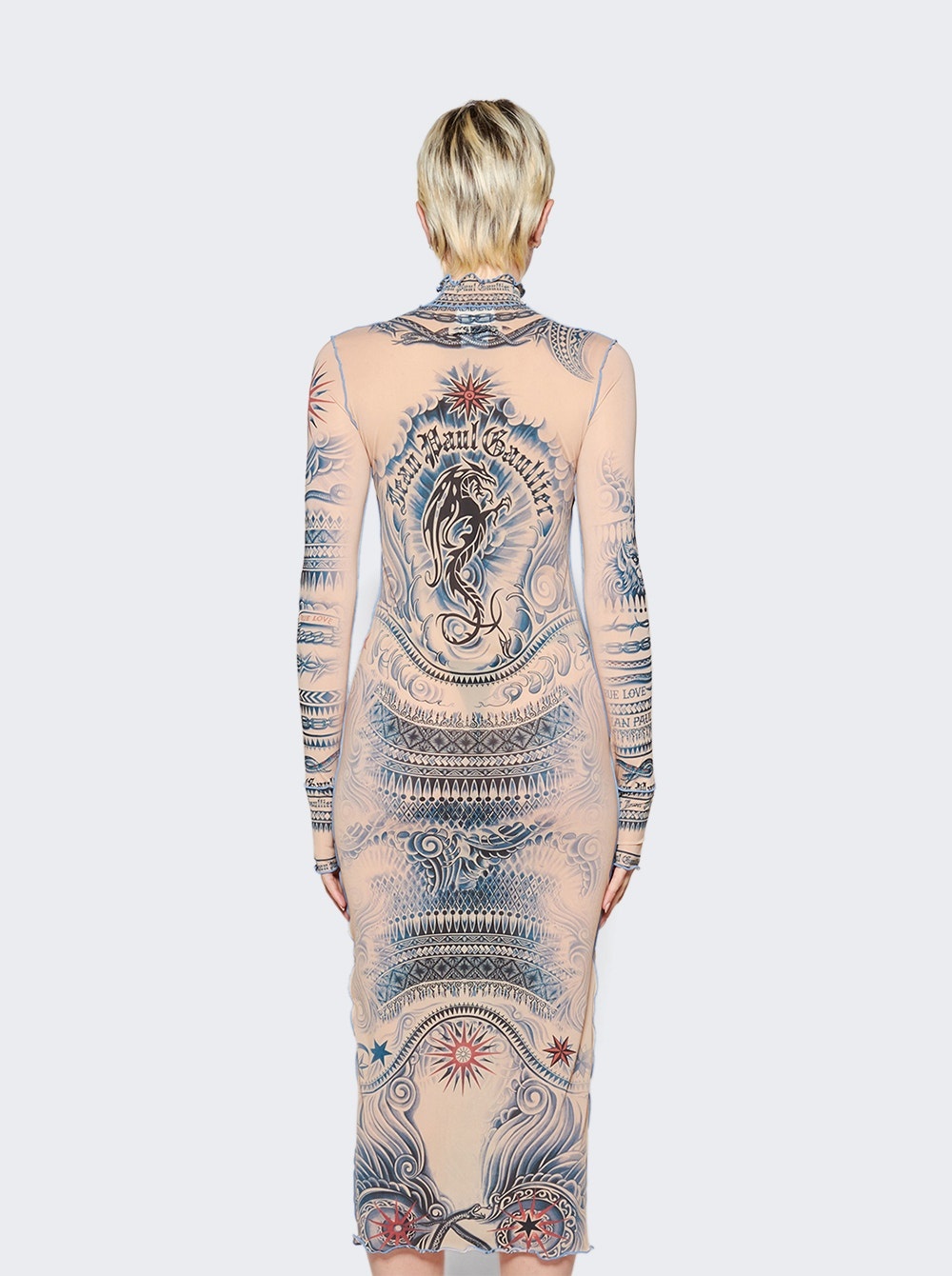 High Neck Printed Soleil Dress Nude And Blue - 6