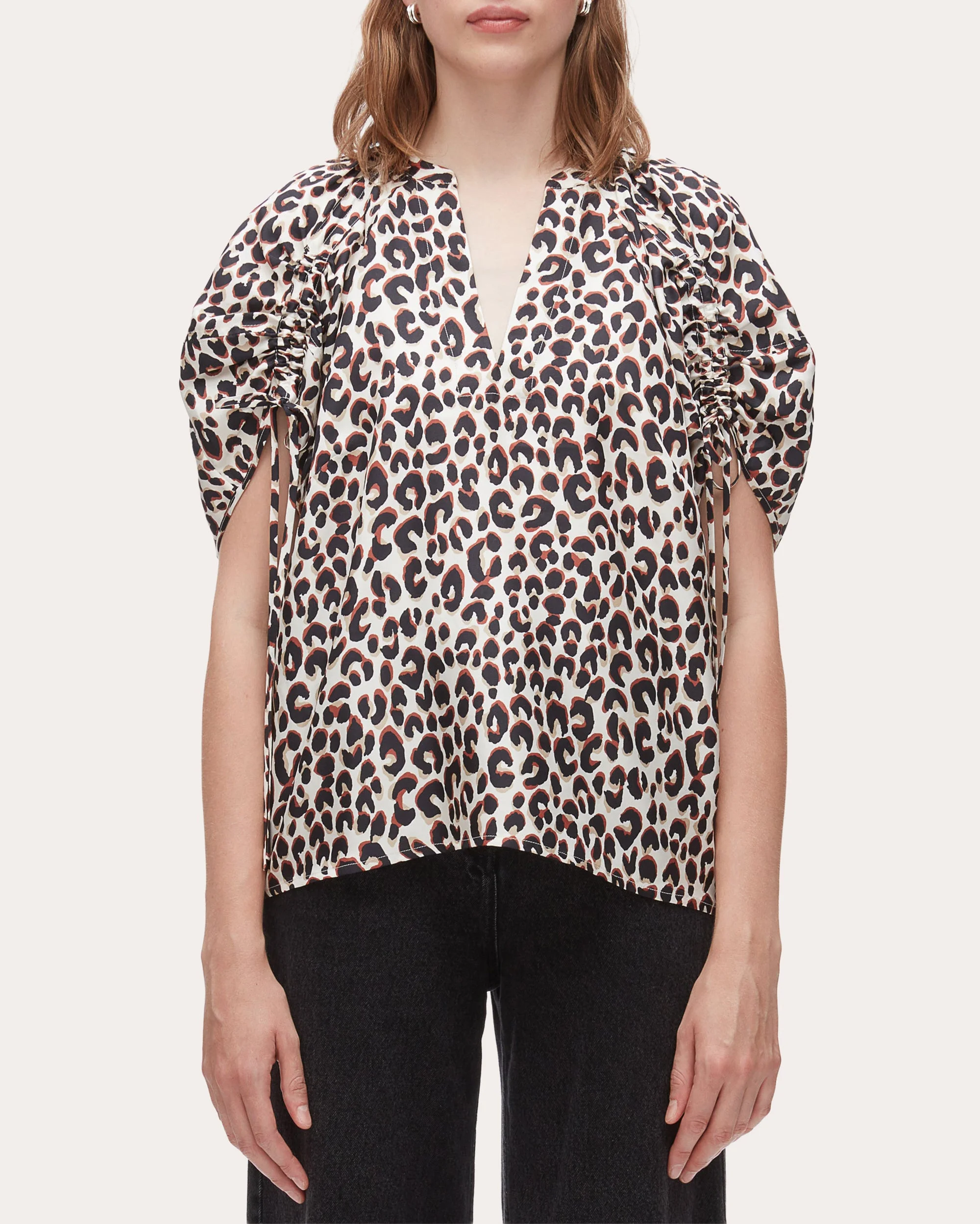 Leopard Silk Twill Ruched-Sleeve Midi Dress - 1