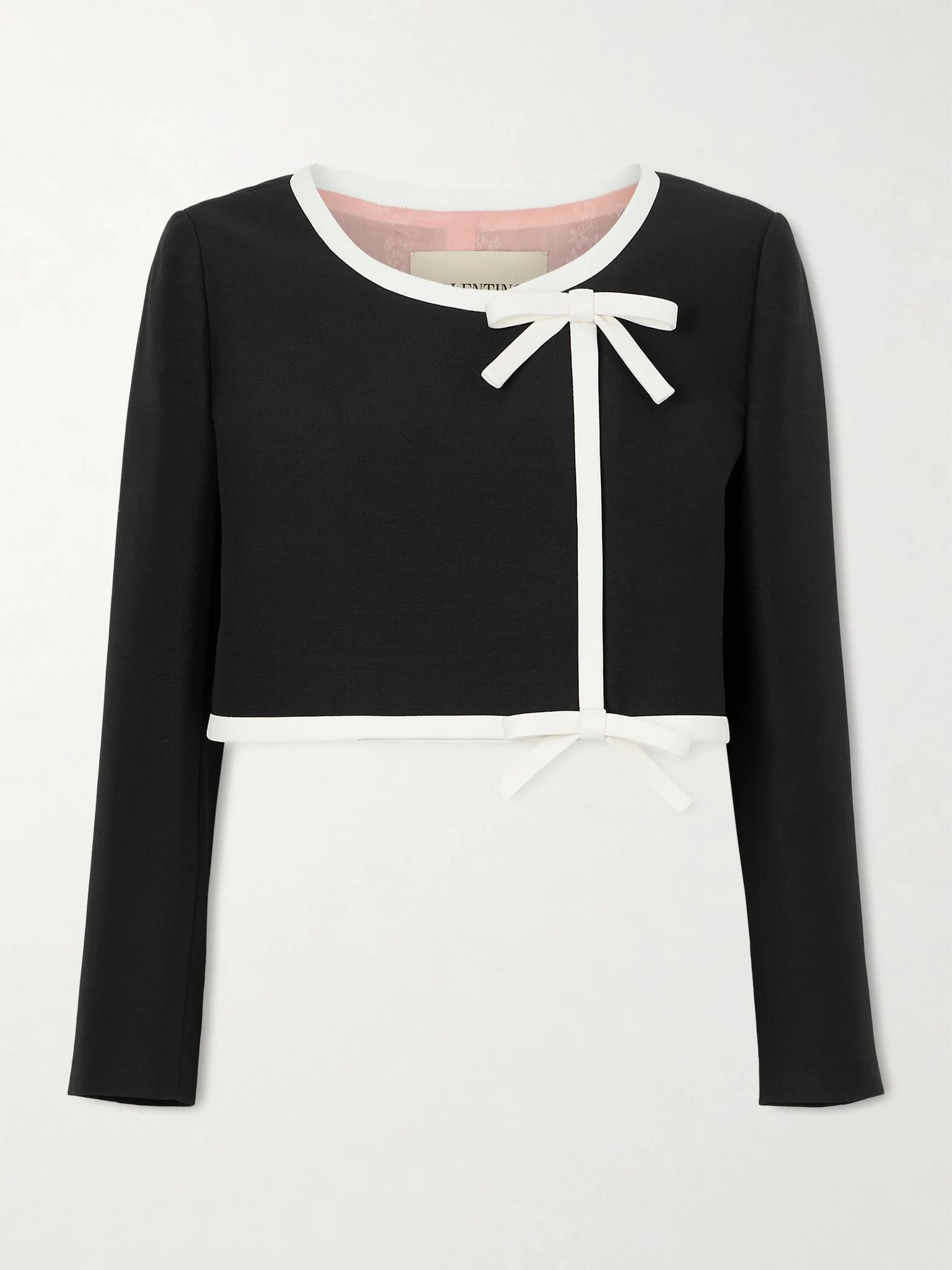 Cropped bow-embellished wool and silk-blend crepe jacket Black - 1