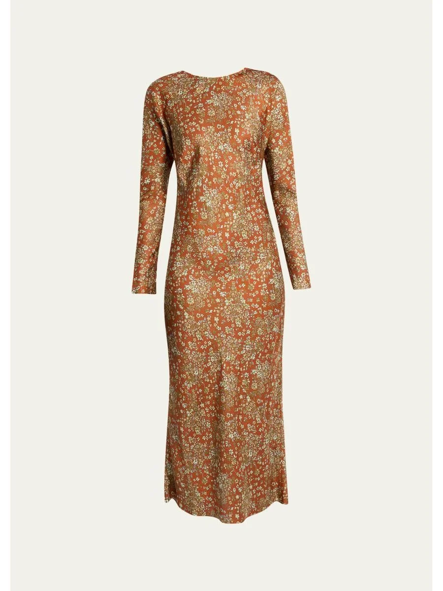 Floral Satin Long-Sleeve Midi Dress - 1