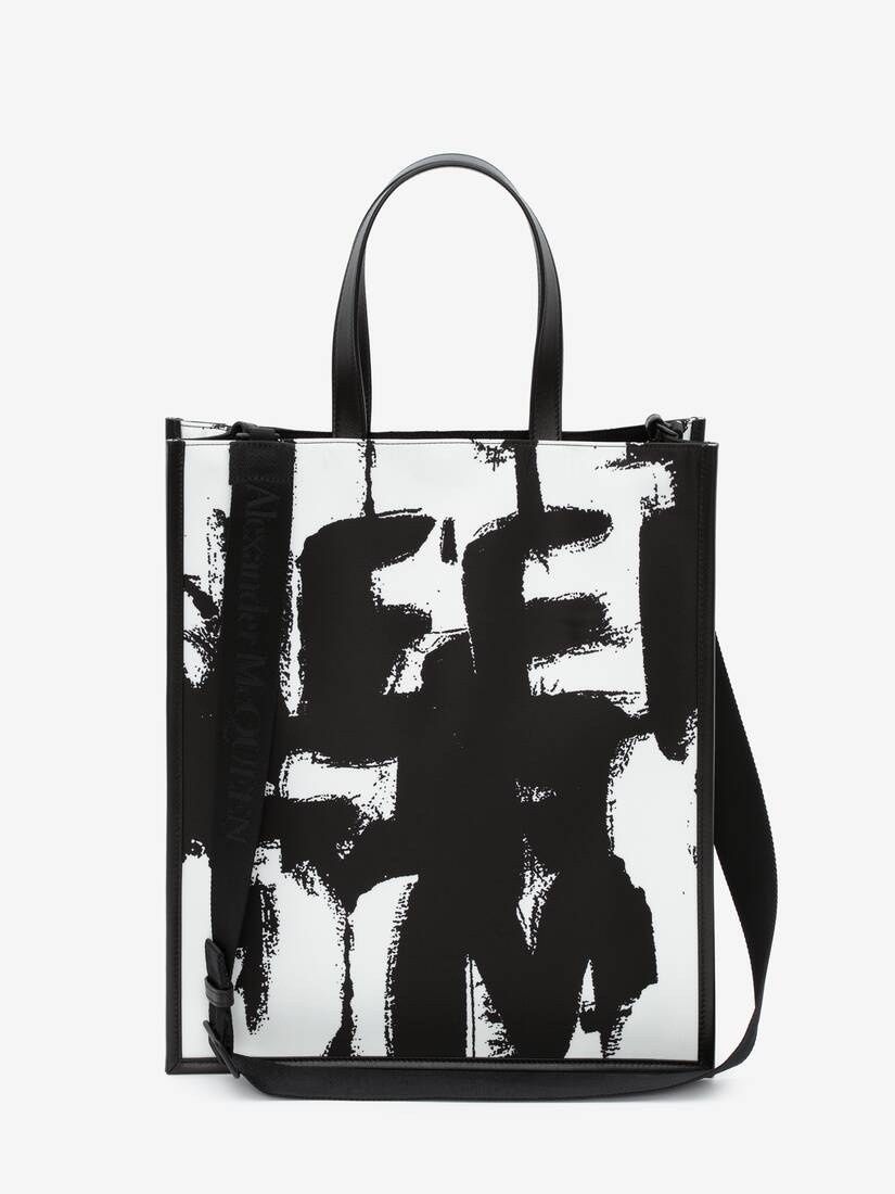 Mcqueen Graffiti Edge North South Tote Bag in Black/off White - 1