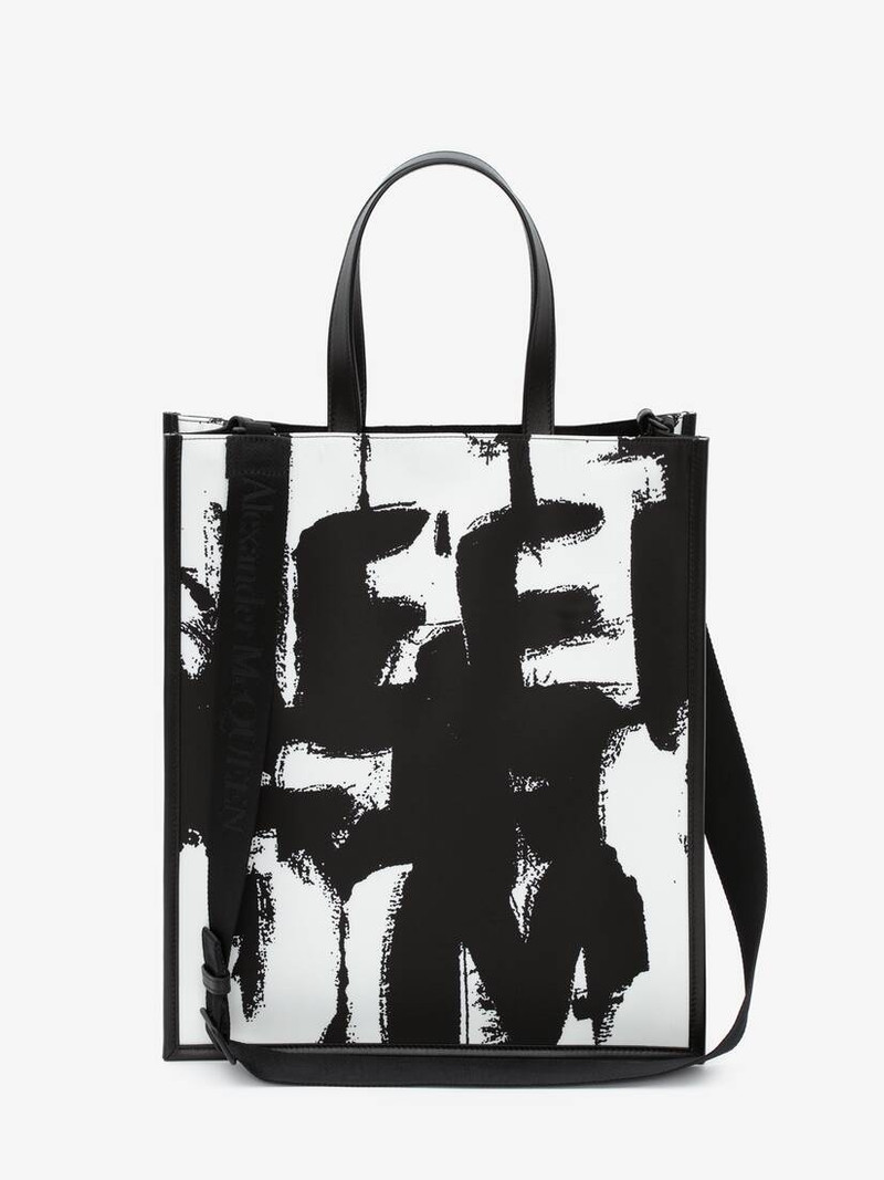Mcqueen Graffiti Edge North South Tote Bag in Black/off White 1