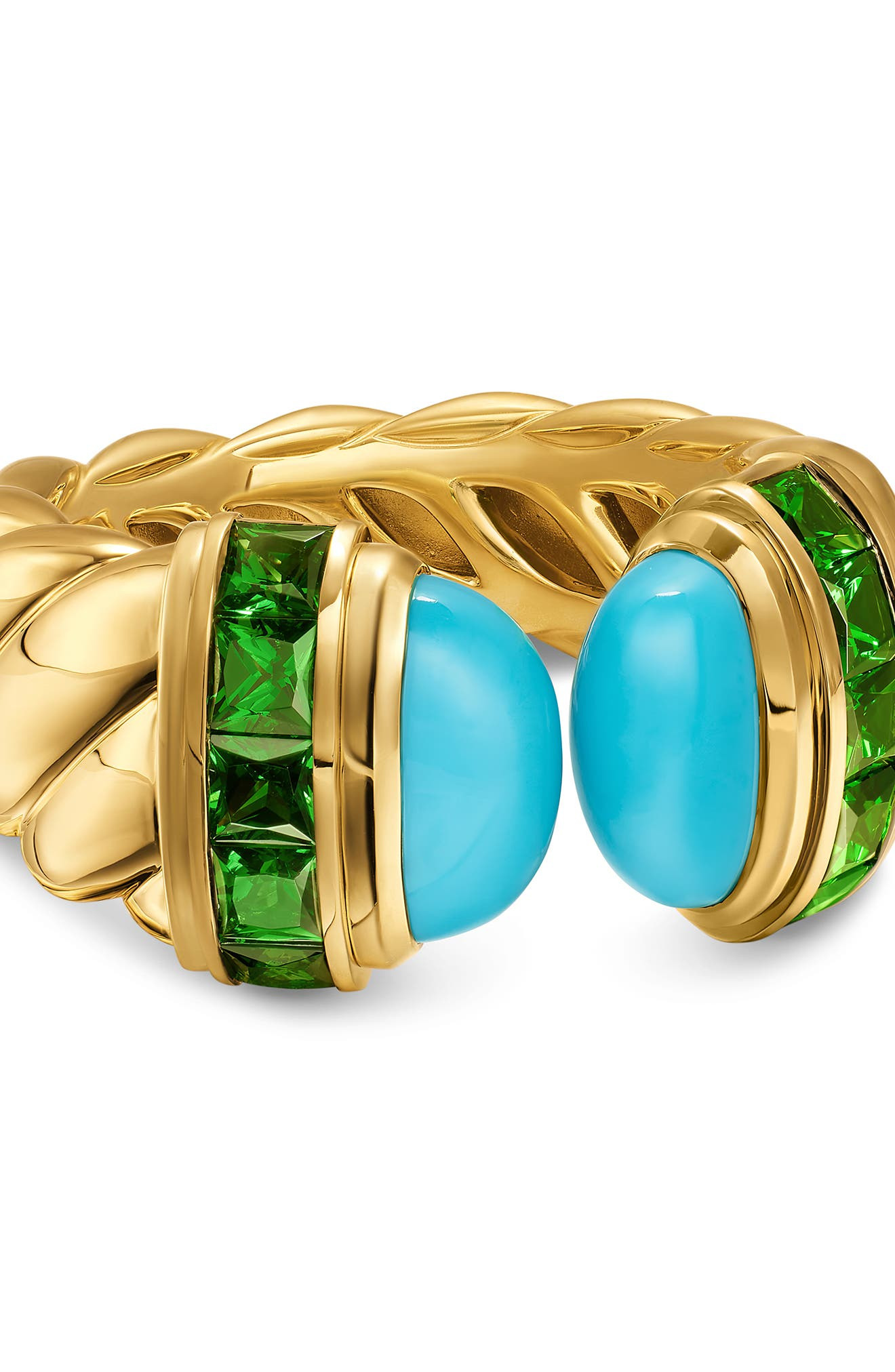 David Yurman Sculpted Cable Open Cocktail Ring in 18K Yellow Gold with Turquoise and Tsavorites, 12. - 4