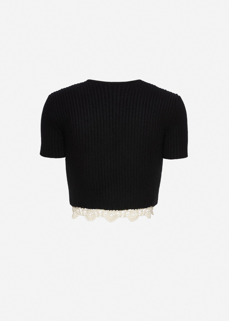 Short-sleeve crochet-trim cropped cardigan in black 2
