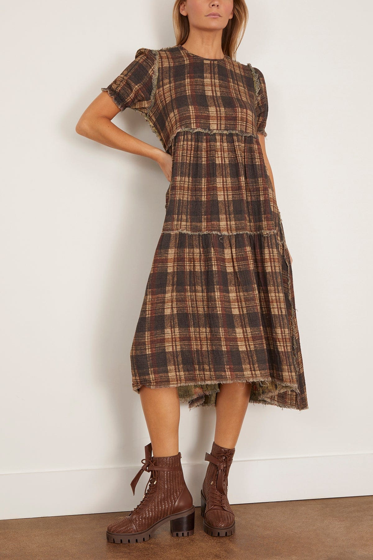 Reversible Shredded Relaxed Midi Dress in Plaid with Turquoise Floral - 5