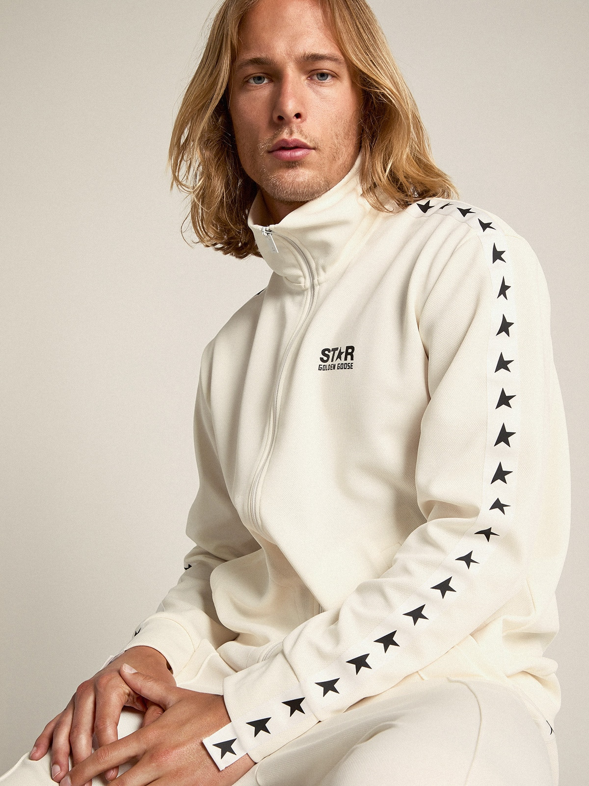 Men’s papyrus white zipped sweatshirt with black stars - 3