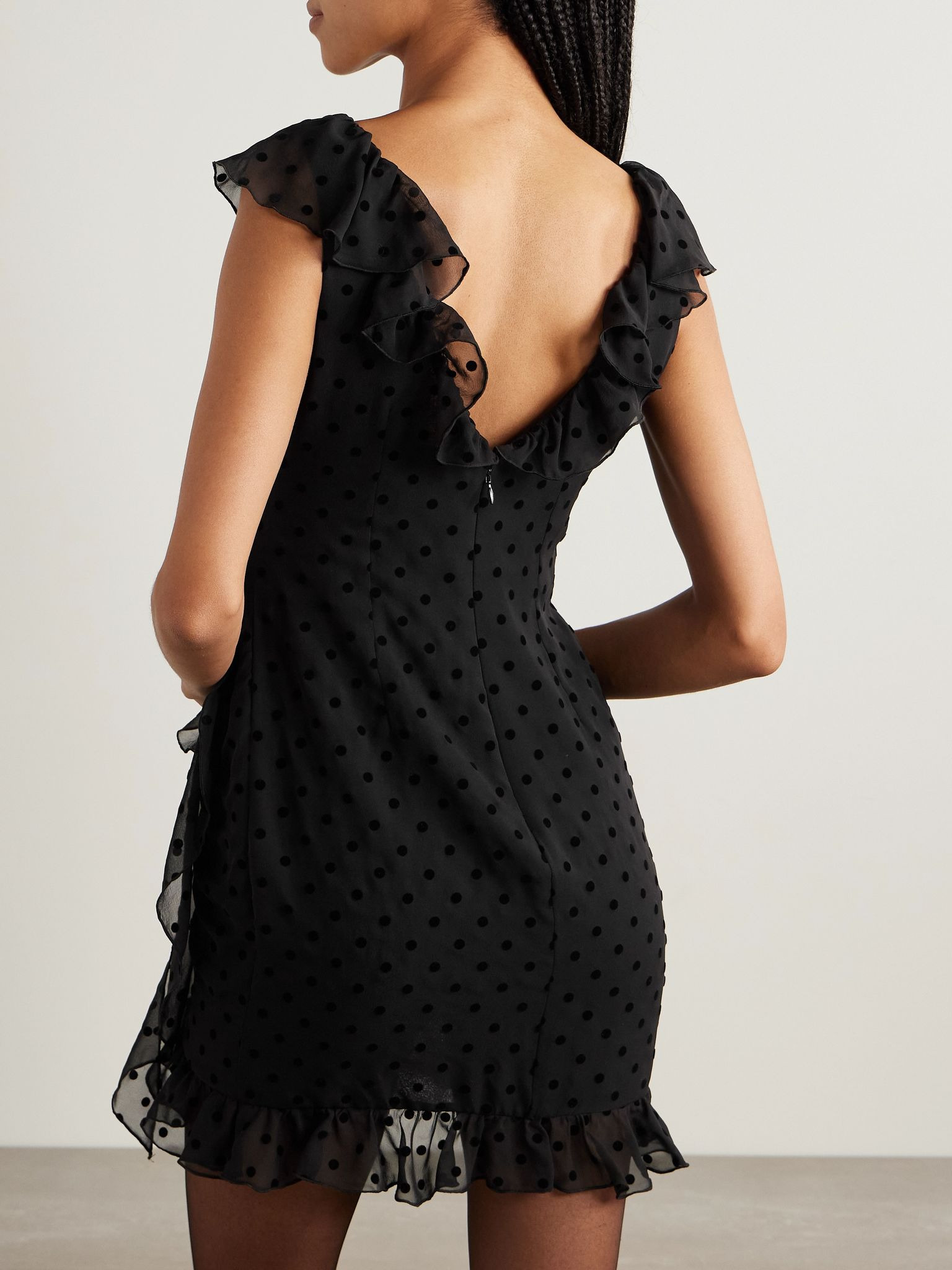 Bow-embellished ruffled flocked silk-chiffon mini dress Black - 3