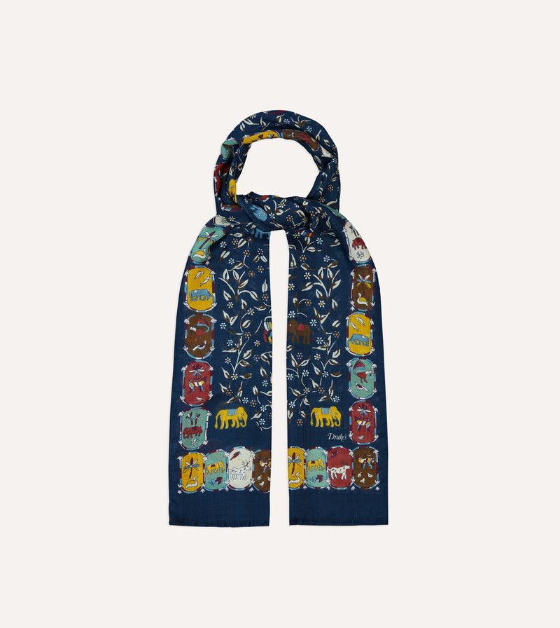 Navy Elephants and Flowers Print Wool-Silk Scarf 4