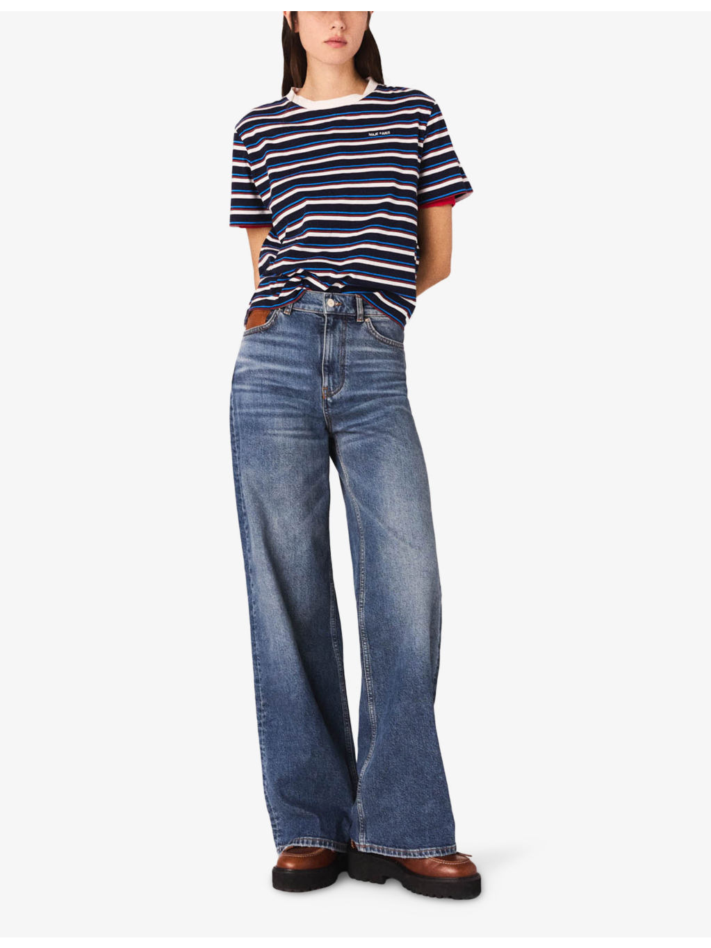 Leather-Pocket Wide-Leg High-Rise Stretch-Denim Jeans - 2
