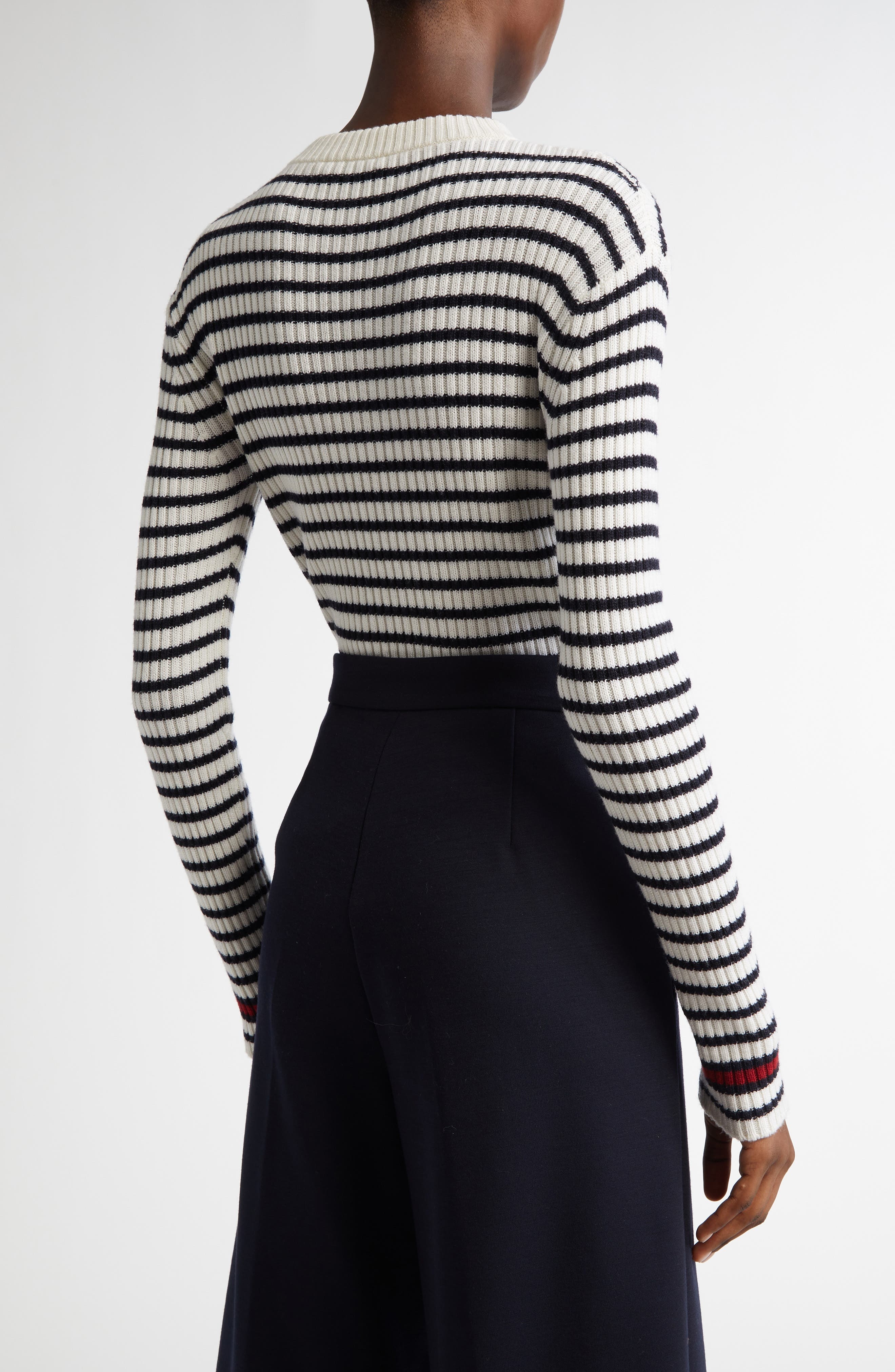 Max Mara Lari Button Detail Stripe Virgin Wool Rib Sweater in White at Nordstrom - 2