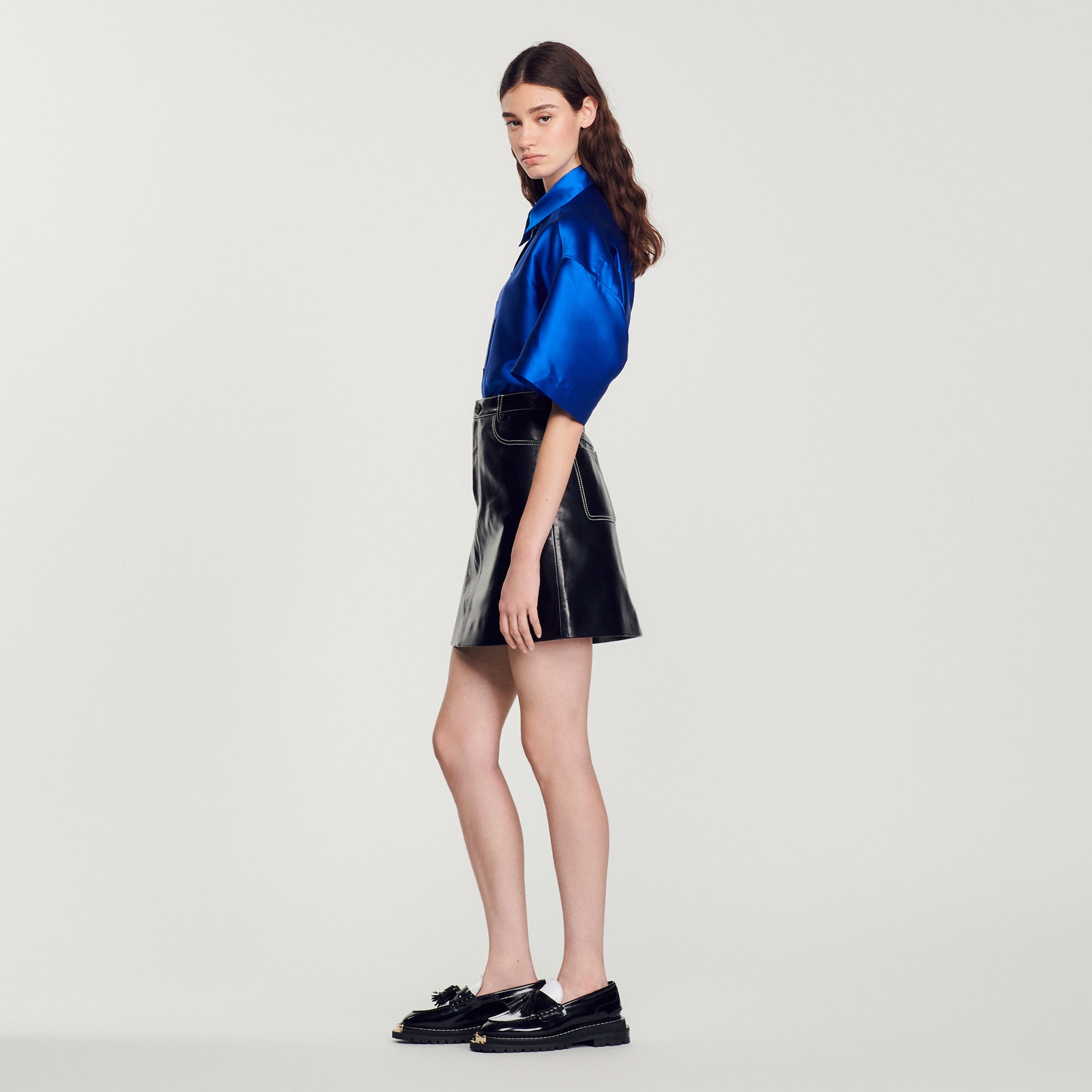 Short topstitched leather skirt - 7