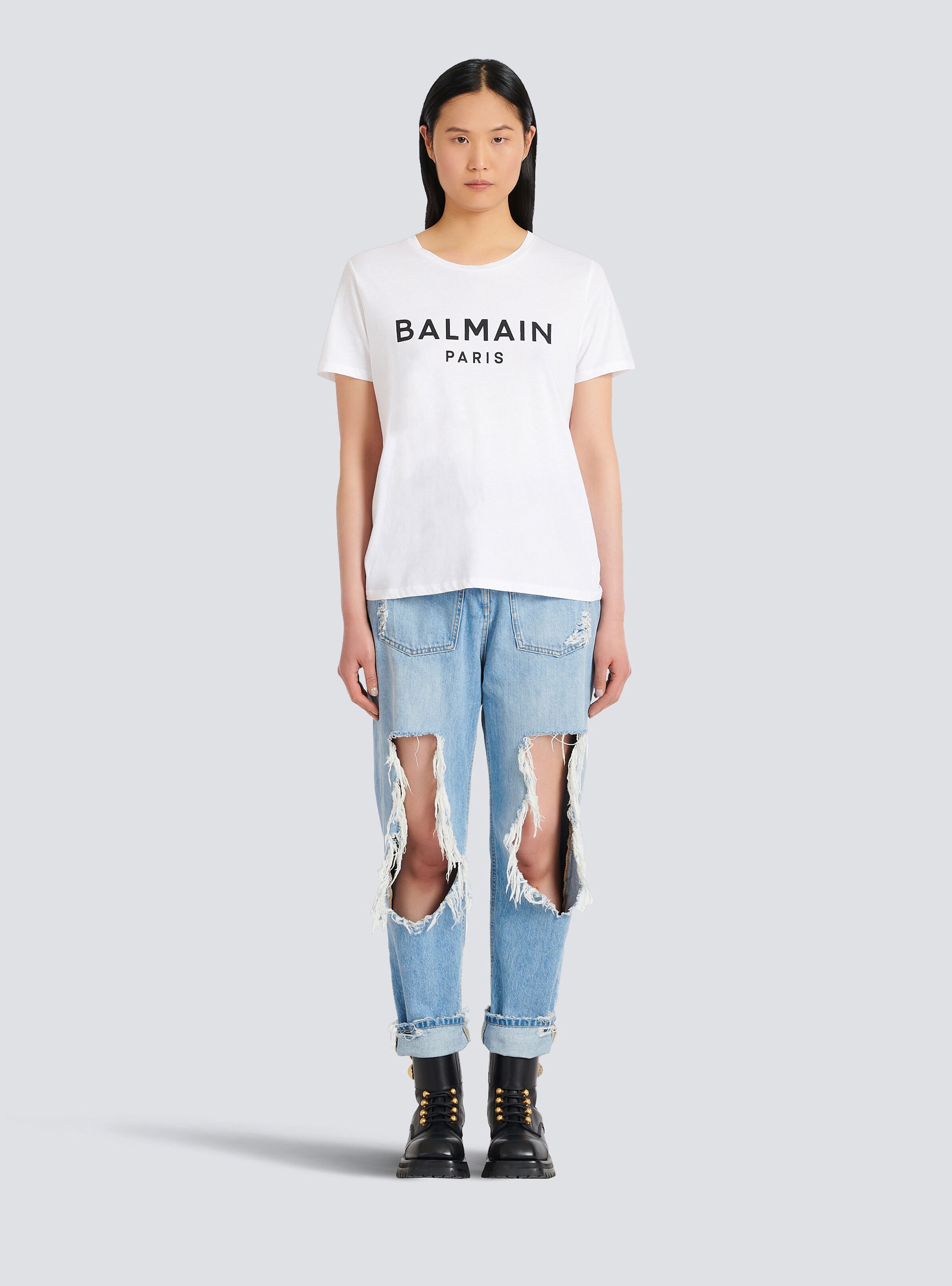 Eco-designed cotton T-shirt with flocked Balmain logo - 3