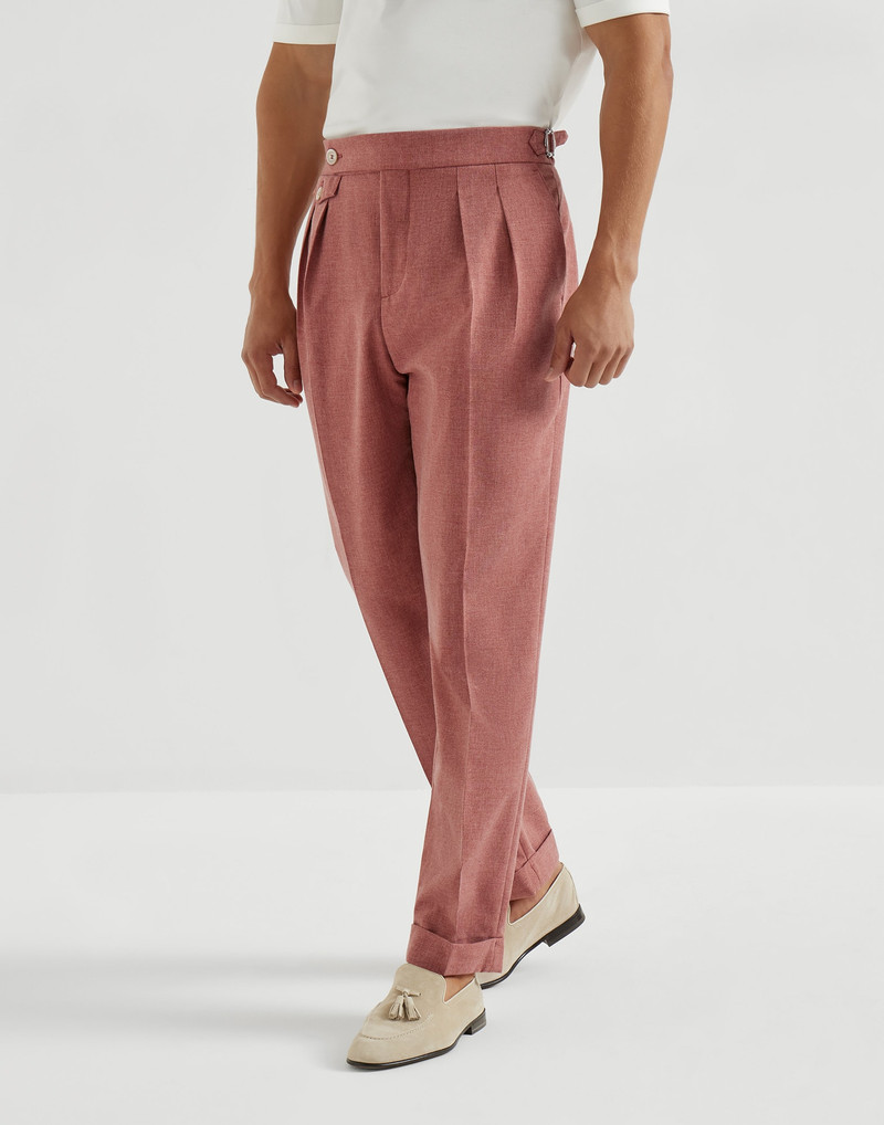Virgin wool, cotton and silk mouliné trousers with reversed double pleats and waist tabs 2