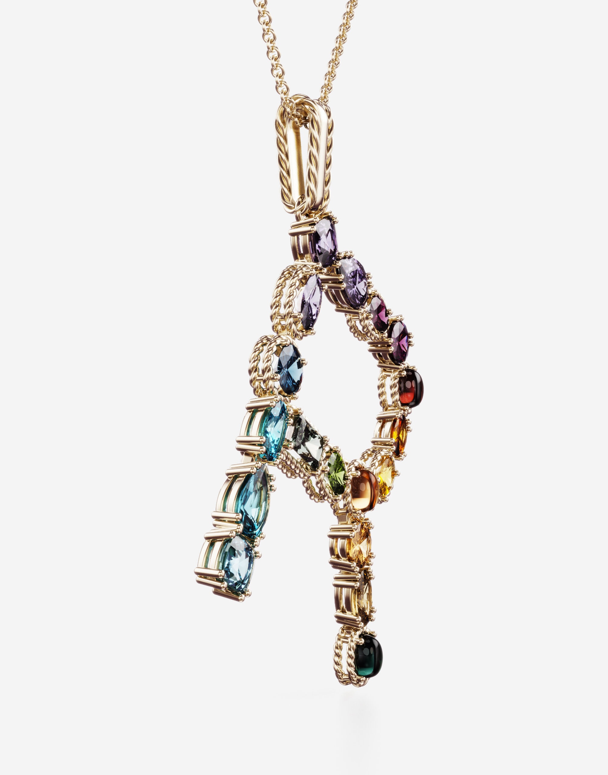 Rainbow alphabet R pendant in yellow gold with multicolor fine gems - 3