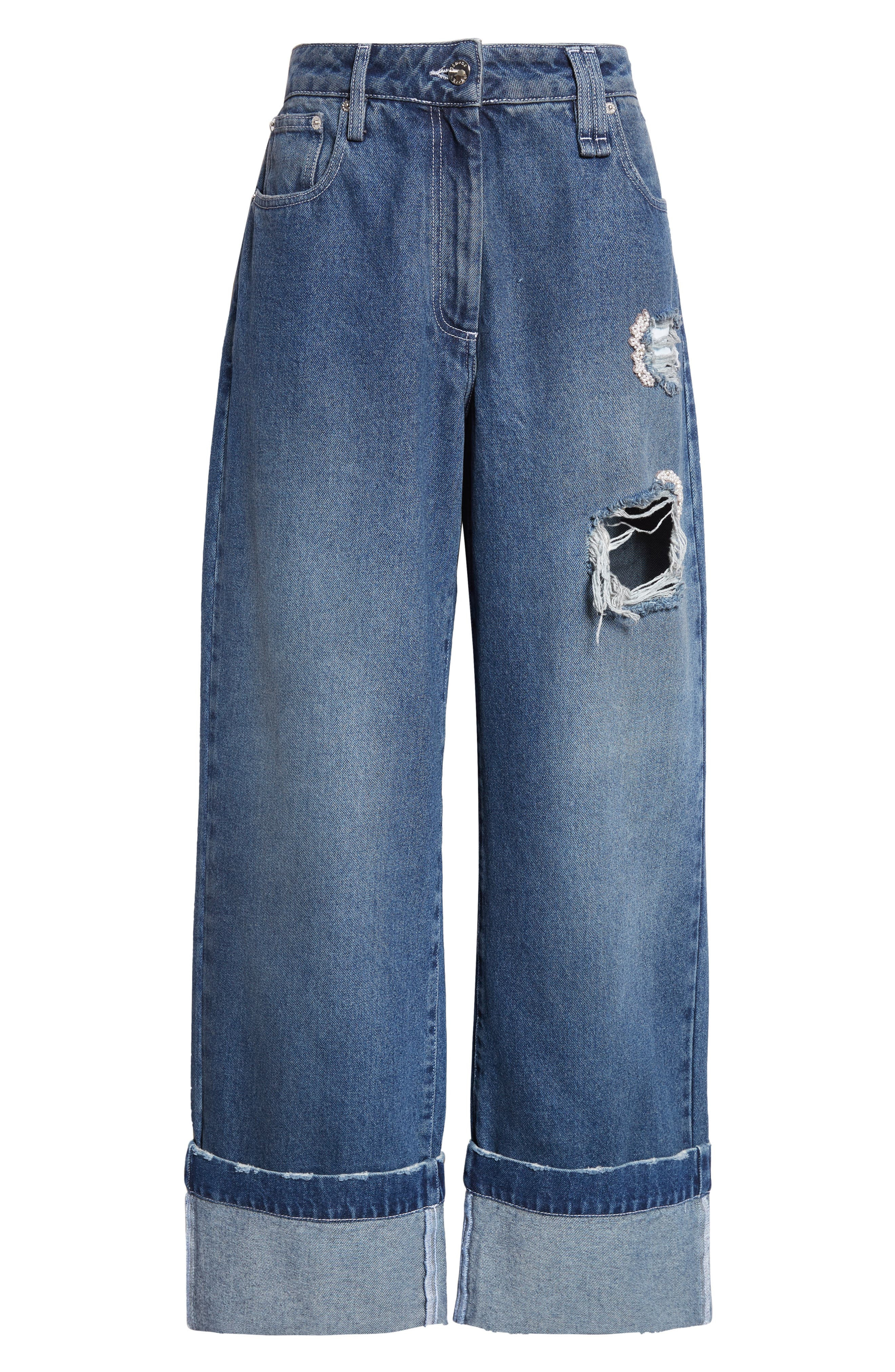 Simone Rocha Embellished Distressed Straight Leg Jeans in Distressed Blue/Pearl/Clear at Nordstrom - 6