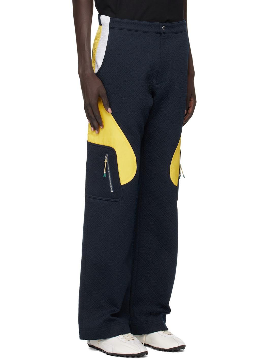 Navy & Yellow Jacquard Nylon Cargo Pants - 2