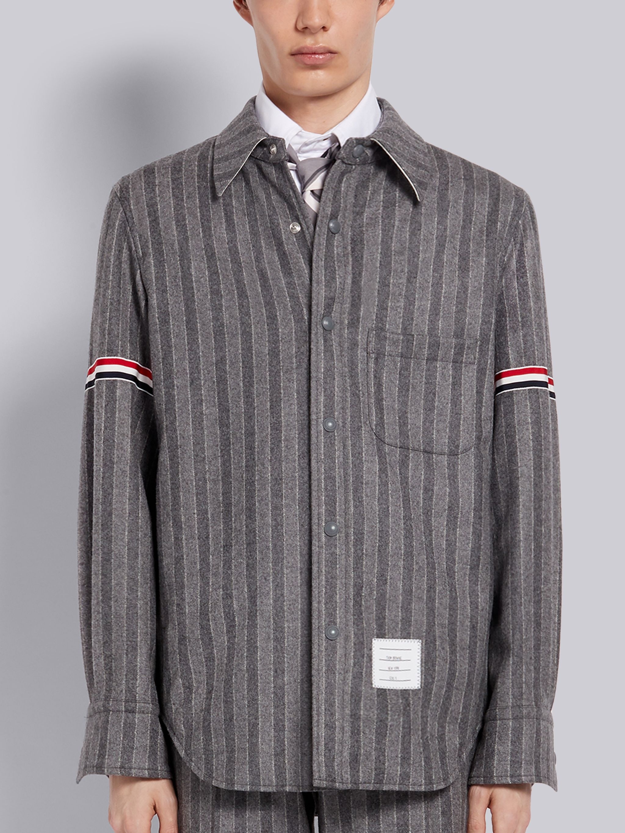 Medium Grey Chalk Stripe Wool Flannel Armband Snap Front Shirt Jacket - 1