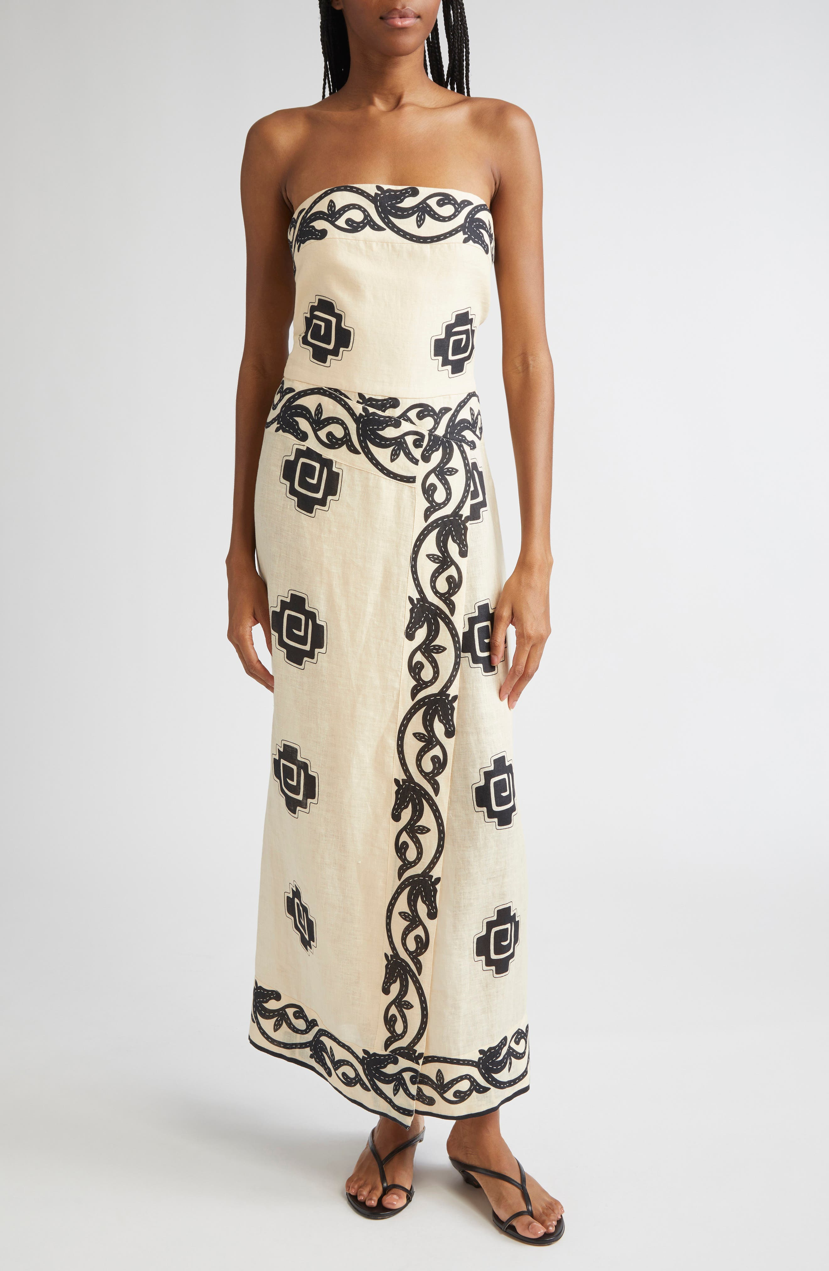 Johanna Ortiz Ancient Strapless Linen Faux Wrap Dress in Ecru /Black at Nordstrom - 1