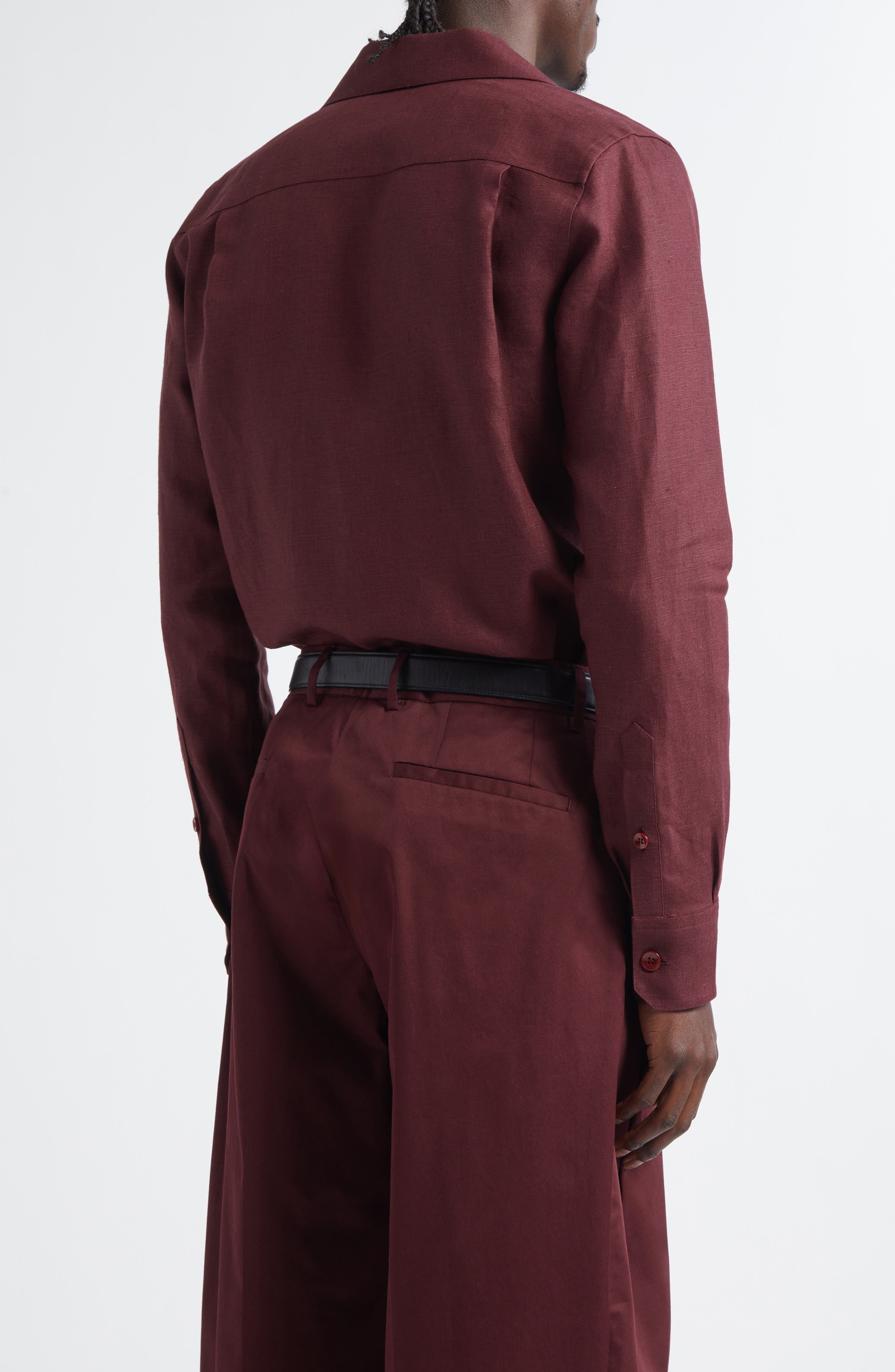 Dolce&Gabbana Deep V Linen Button-Up Shirt in M5039 Brown Dark Violet at Nordstrom - 2