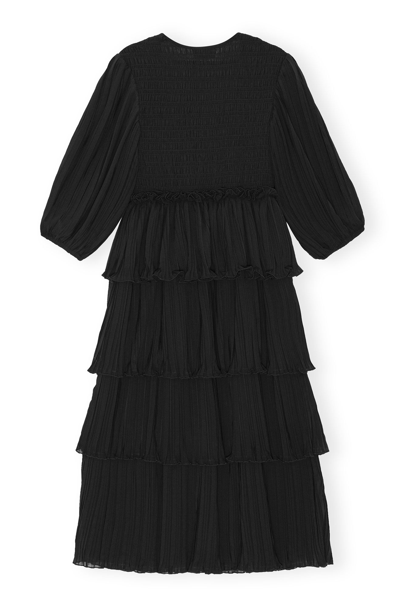 BLACK PLEATED GEORGETTE FLOUNCE SMOCK MIDI DRESS - 3