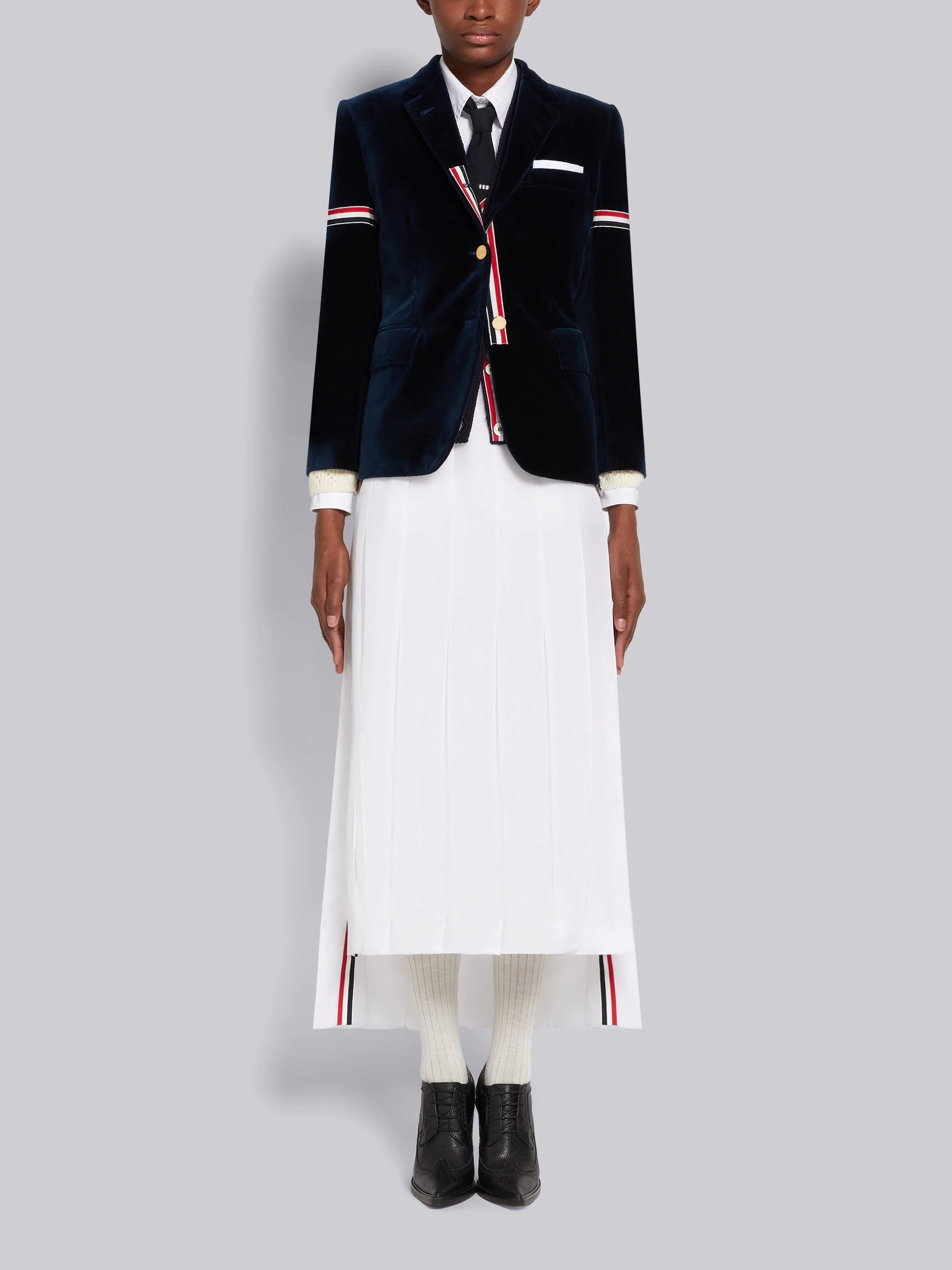 White Double Silk Organza Stripe Waistband Dropped Back Trouser Length Pleated Skirt - 4
