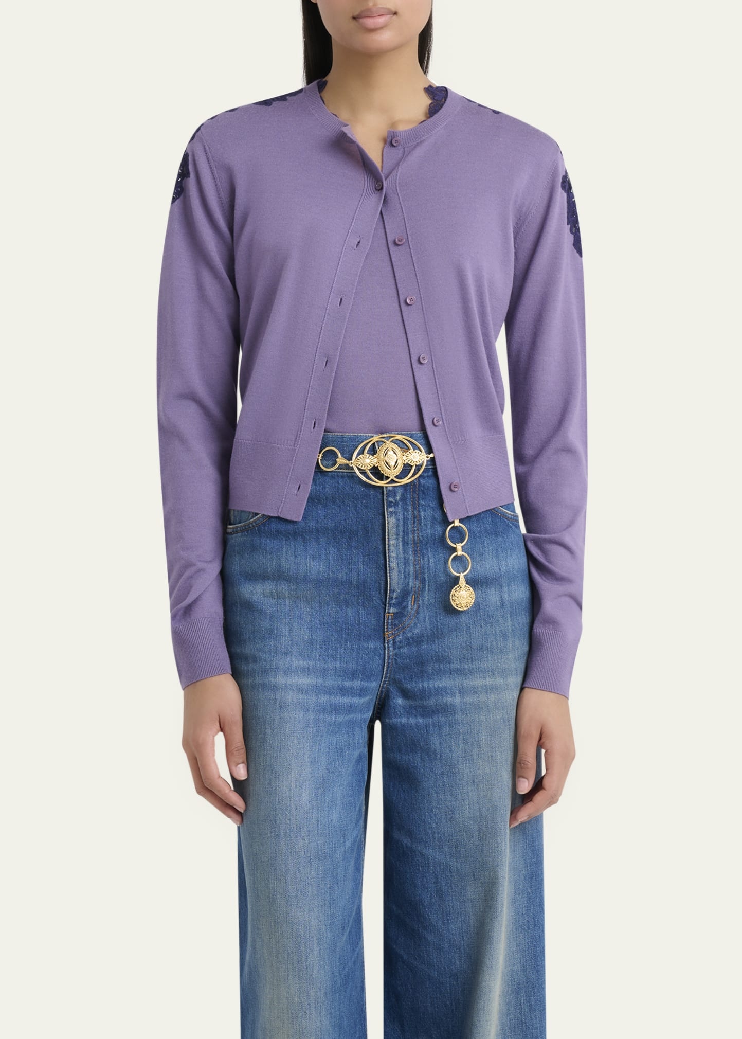 Guipure Lace-Trim Crewneck Knit Cardigan - 4