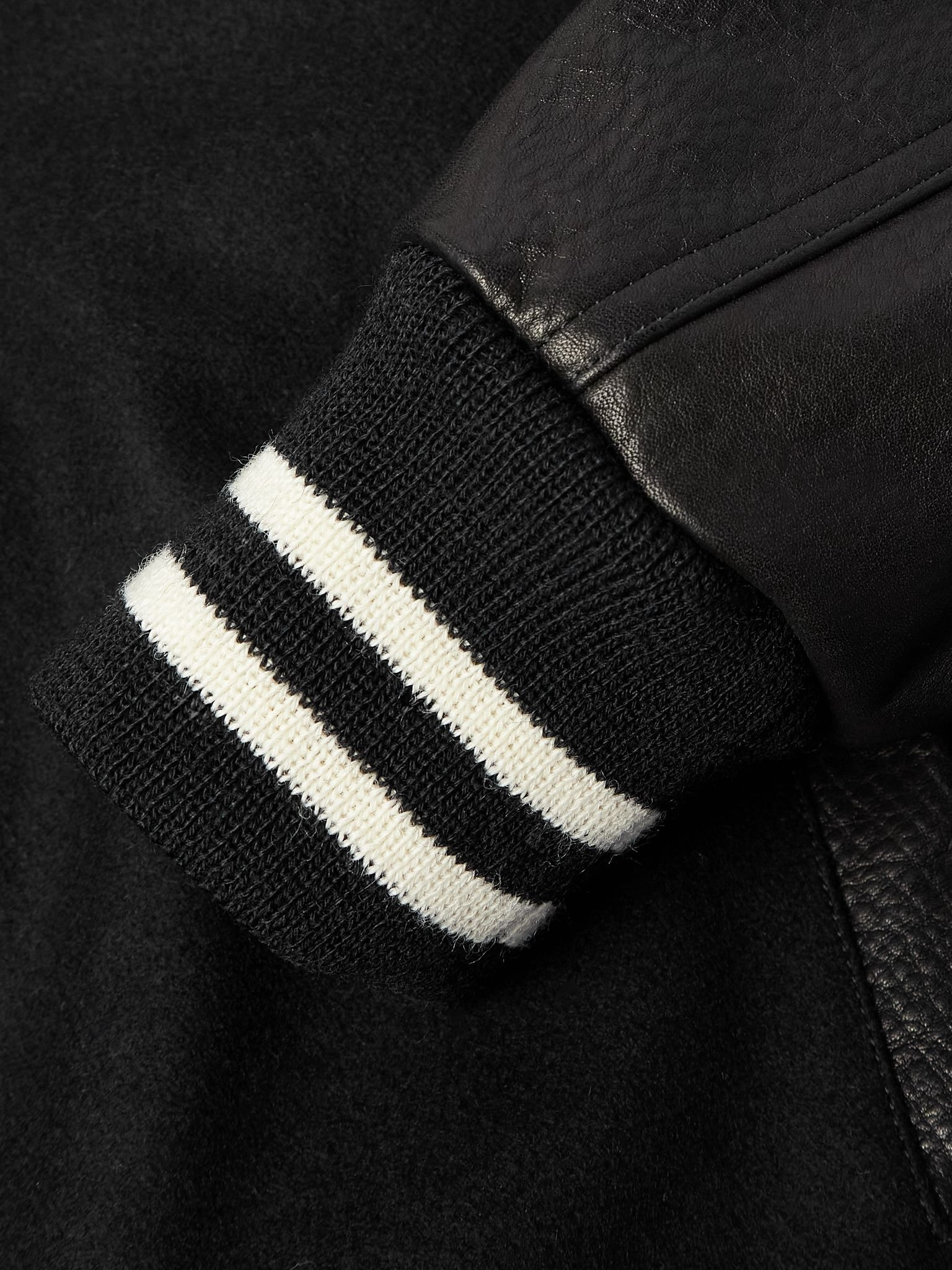 Leather-Panelled Striped Appliquéd Wool-Blend Varsity Jacket Black - 5