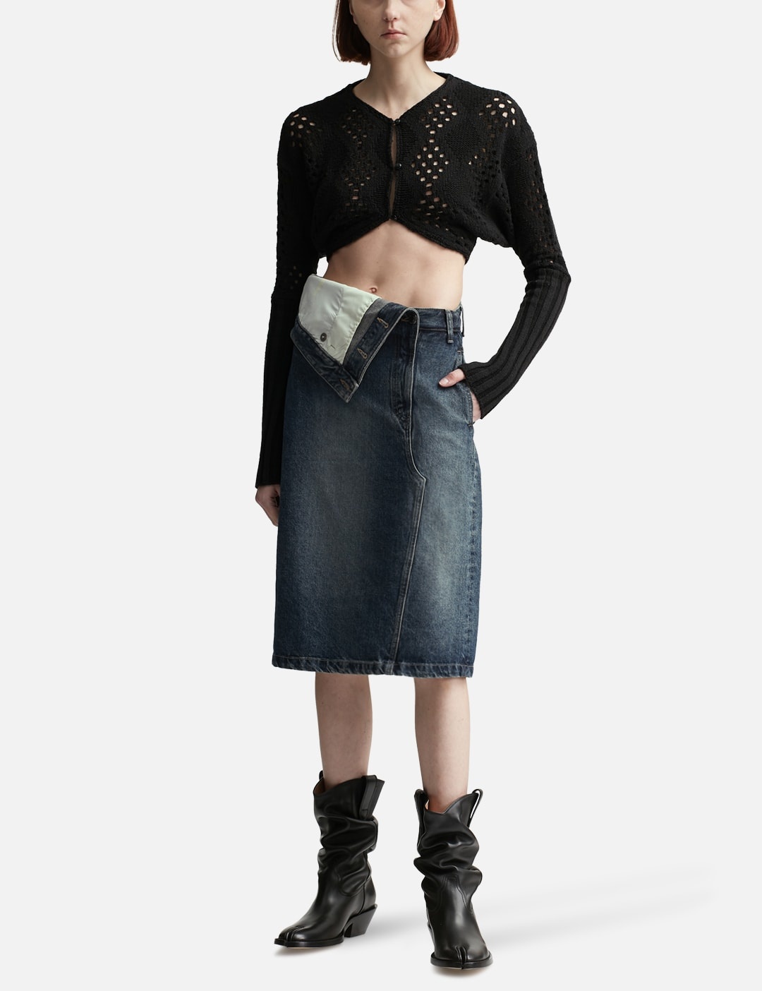 FOLDED-WAIST DENIM MIDI SKIRT - 4