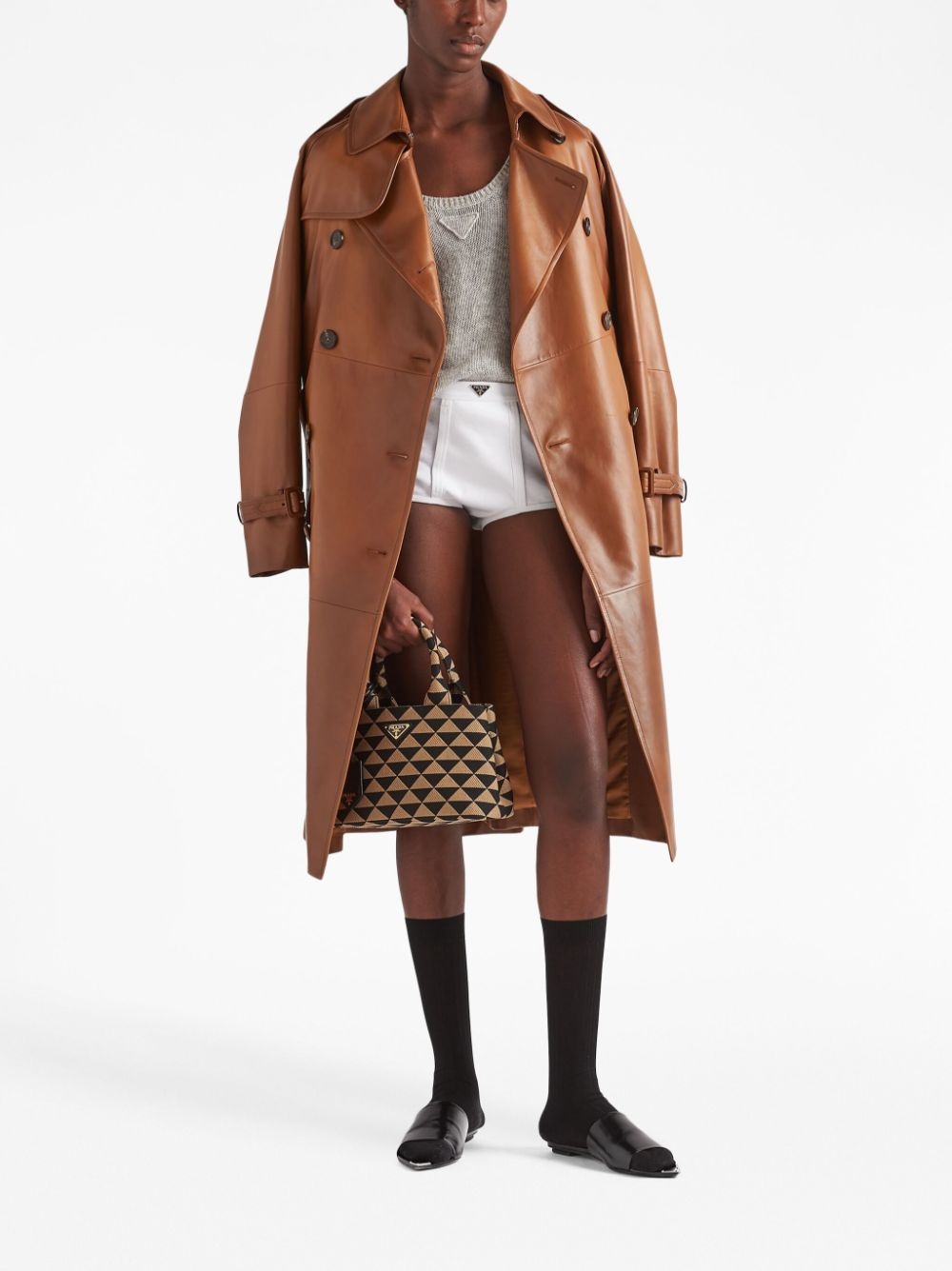 double-breasted leather coat - 2