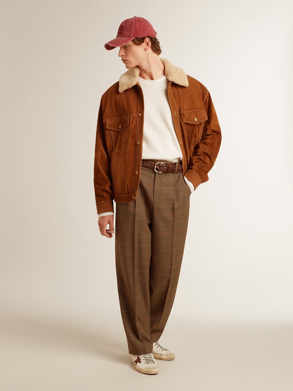 Men's jacket in tobacco-colored split leather with a shearling collar - 3