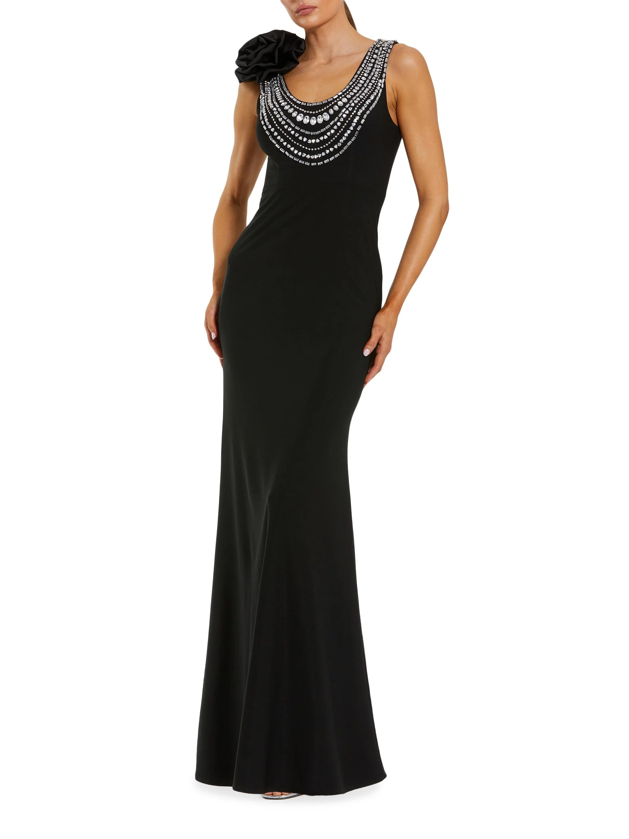 Women's Beaded Scoopneck Column Gown - Black - 1