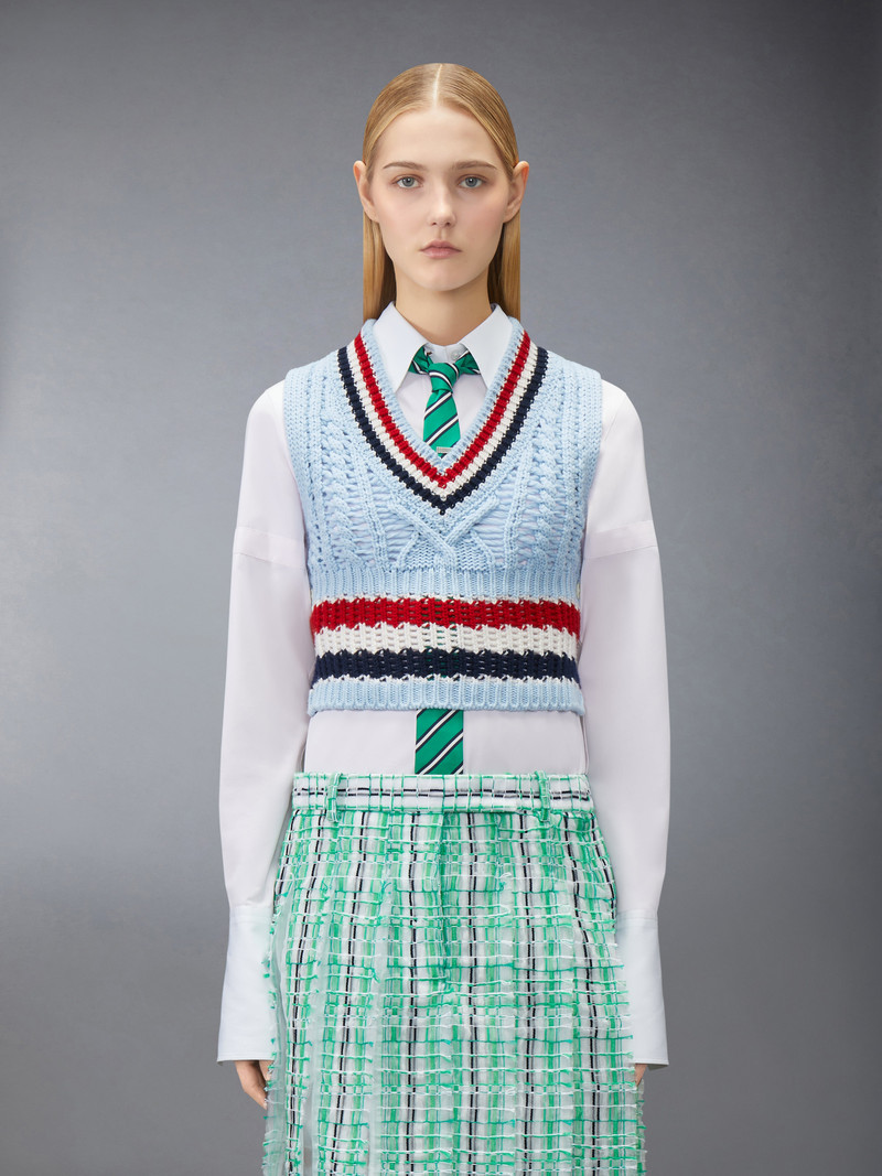 Thom Browne CASHMERE RWB STRIPE CHUNKY SHRUNKEN VEST outlook