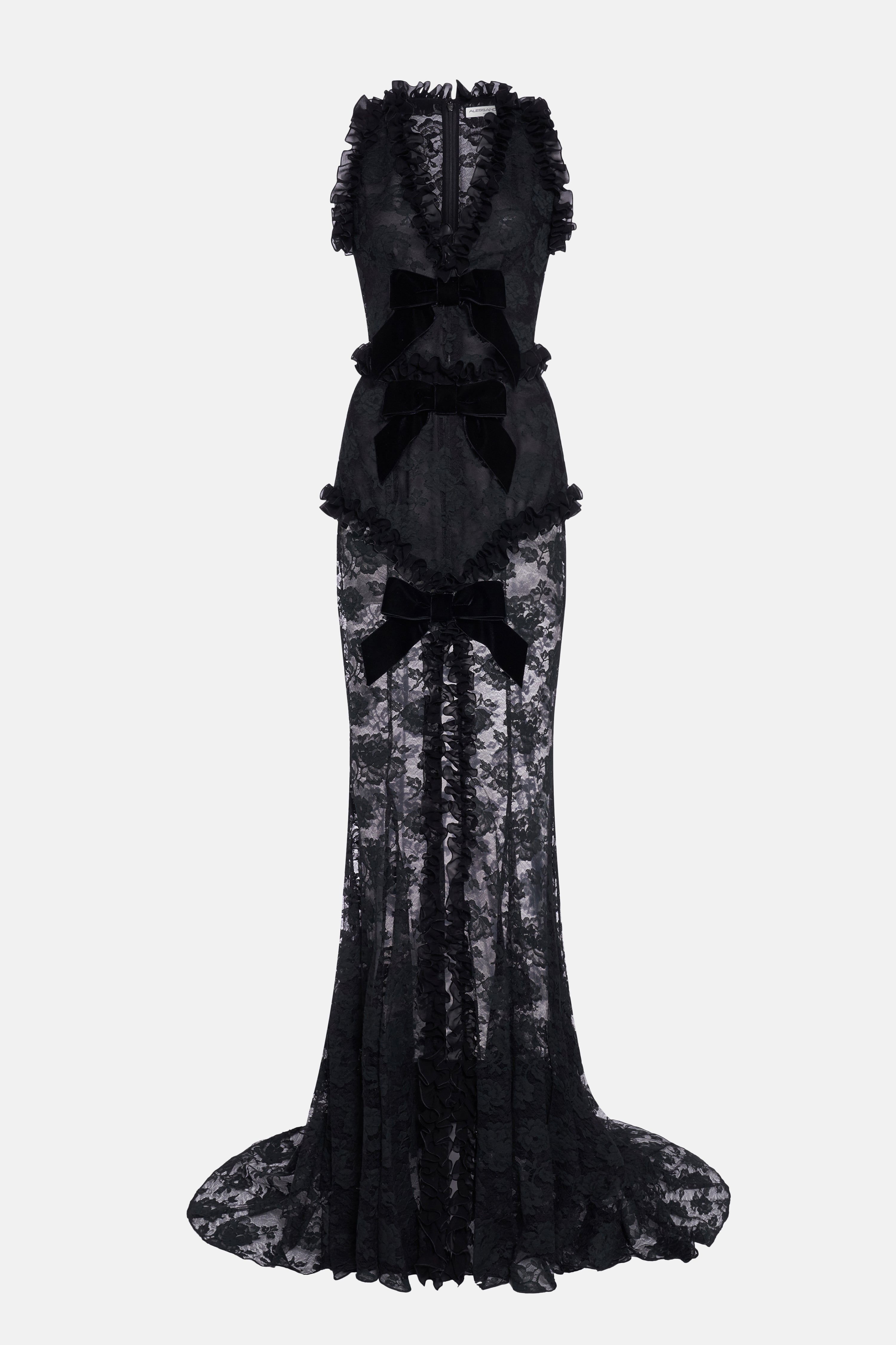 LACE EVENING DRESS WITH VELVET BOWS - 1